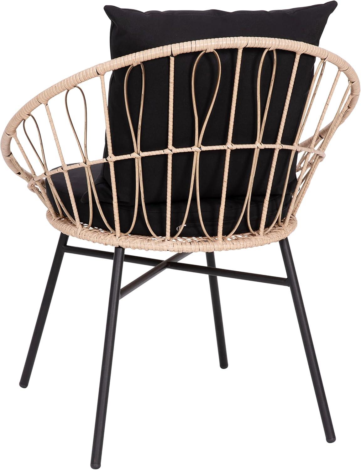 Taylor & Logan Fielder 3-Piece Tan Indoor/Outdoor Bistro Set with Papasan Style Rattan Rope Chairs, Glass Top Side Table & Black Cushions