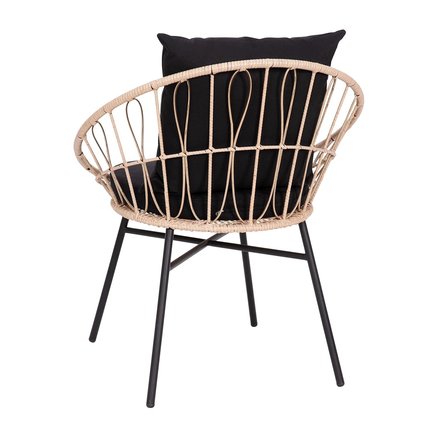 Taylor & Logan Fielder 3-Piece Tan Indoor/Outdoor Bistro Set with Papasan Style Rattan Rope Chairs, Glass Top Side Table & Black Cushions