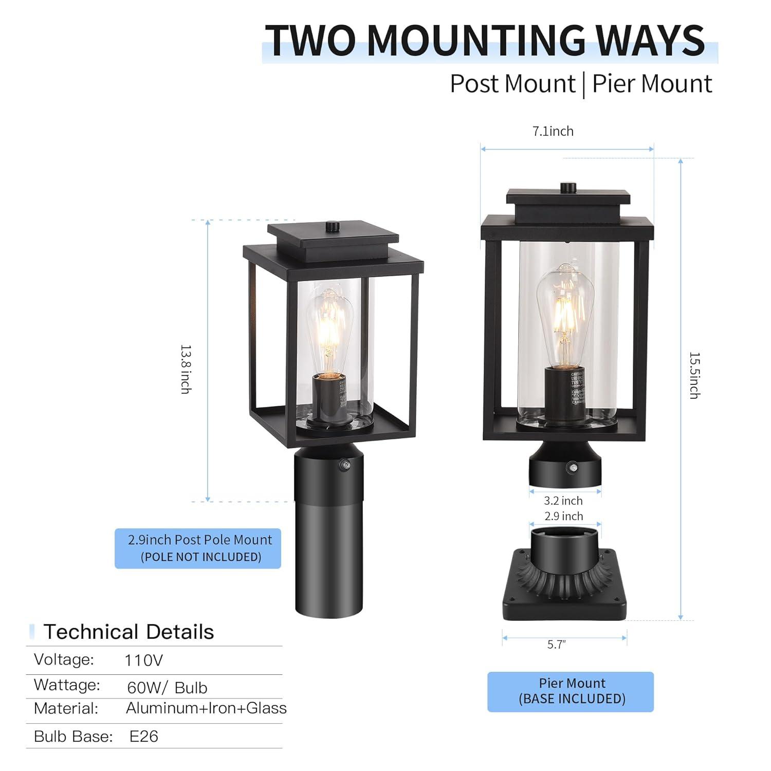 Dusk to Dawn Outdoor Post Light Hardwired, Black Lamp Post Lights with Pier Mount Base, Waterproof Exterior Lamp Post Lantern with Clear Class, Pole Light for Garden Yard Patio Pathway