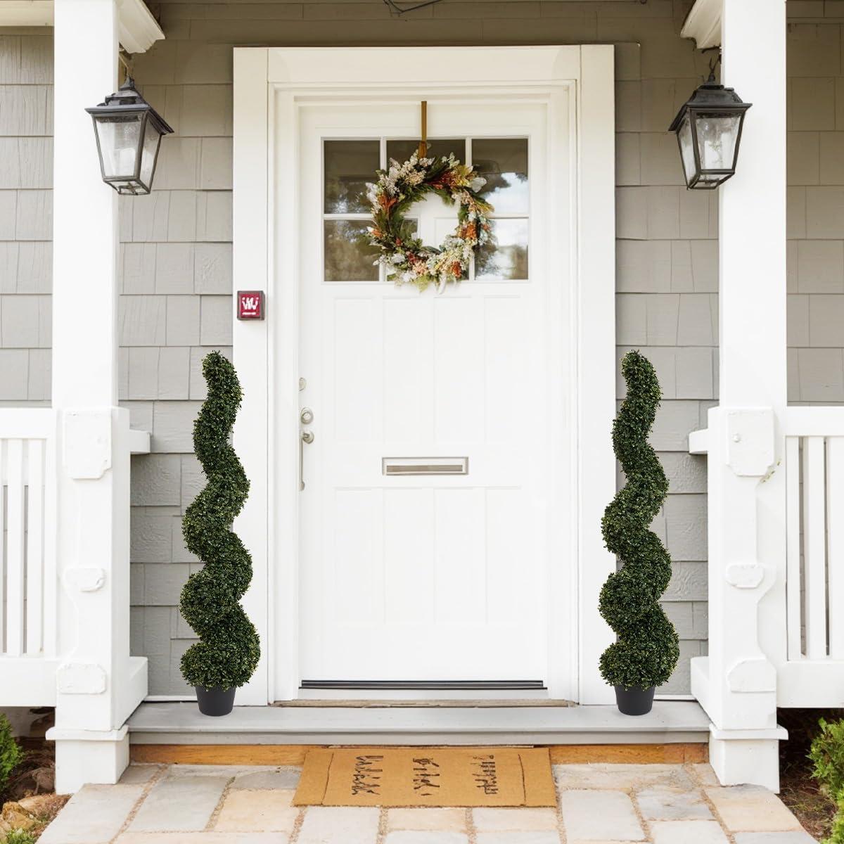 Goplus 4FT Artificial Spiral Boxwood Topiary Tree, 2 Pack Greenery Large Faux Plant in Cement-Filled Plastic Pot, Tall Fake Plant for Indoor Outdoor Home Front Porch Decor