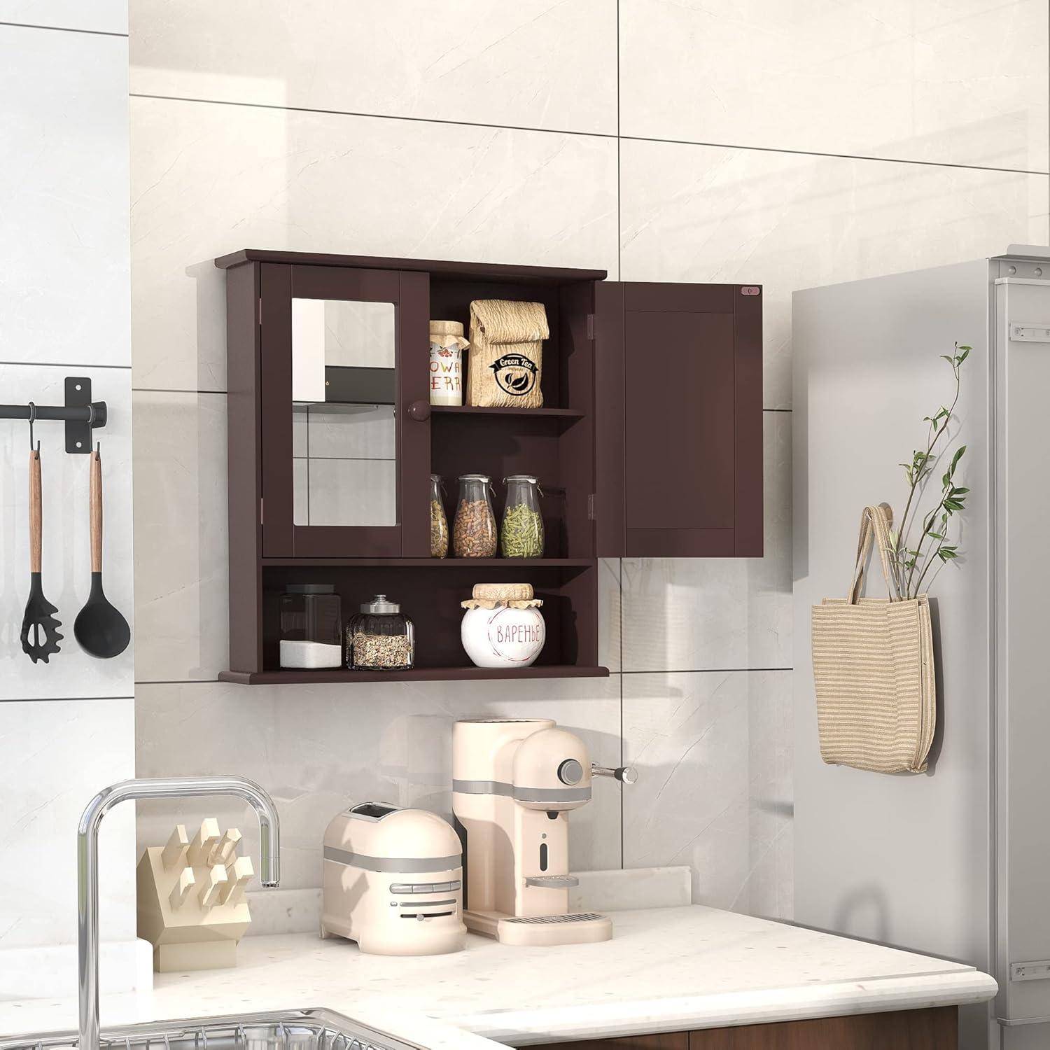 Brown MDF Wall-Mounted Medicine Cabinet with Mirror and Shelves