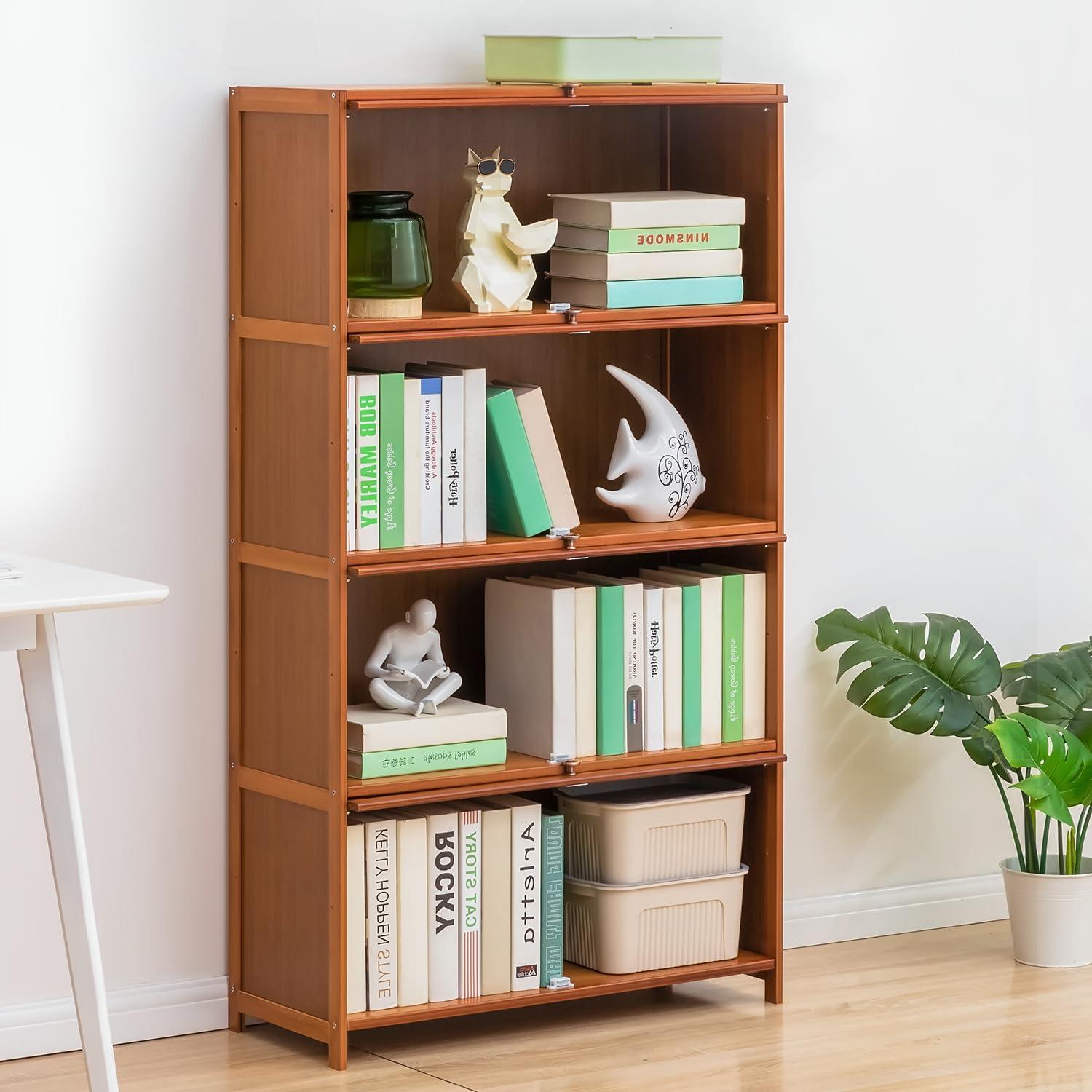 Magshion Bamboo/Acrylic 3 Shelves Bookshelf, with Transparent Door Bookcase, Brown, for Home