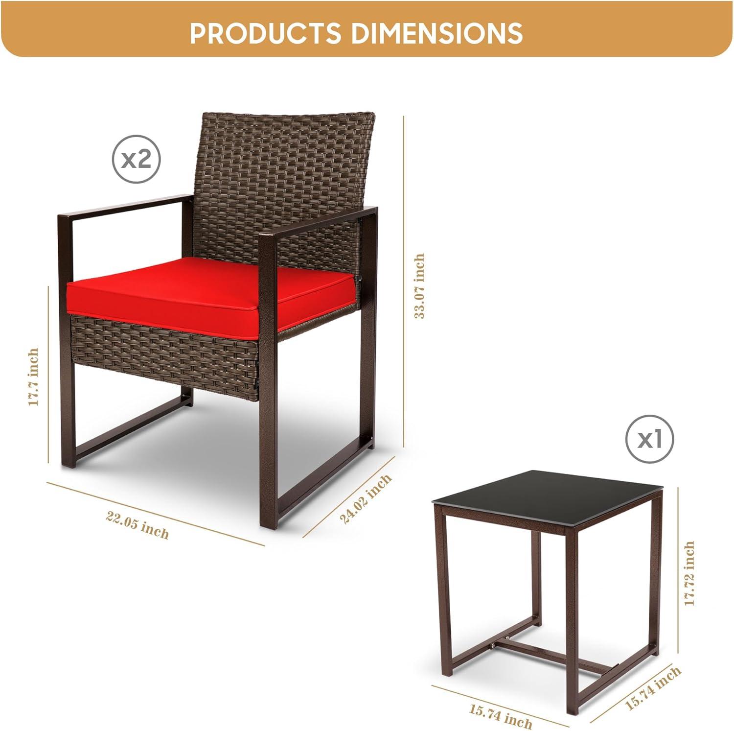 Red 3-Piece Steel and Rattan Outdoor Furniture Set with Black Glass Table