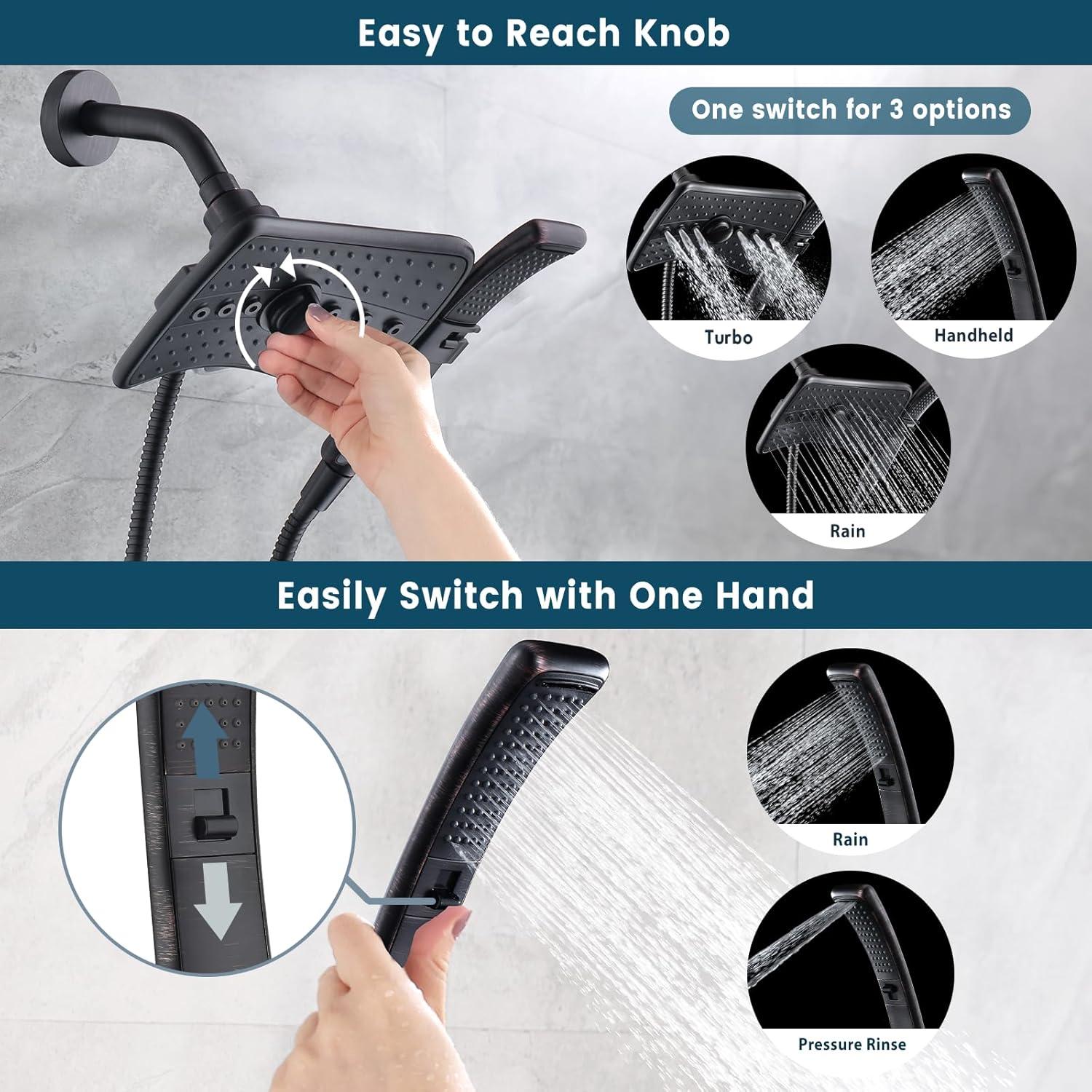 Bright Showers Shower Head Combo with Two Spray Setting Fixed Shower Head and Two Spray Settings Handheld Shower Head with Grey Face, Oil Rubbed Bronze