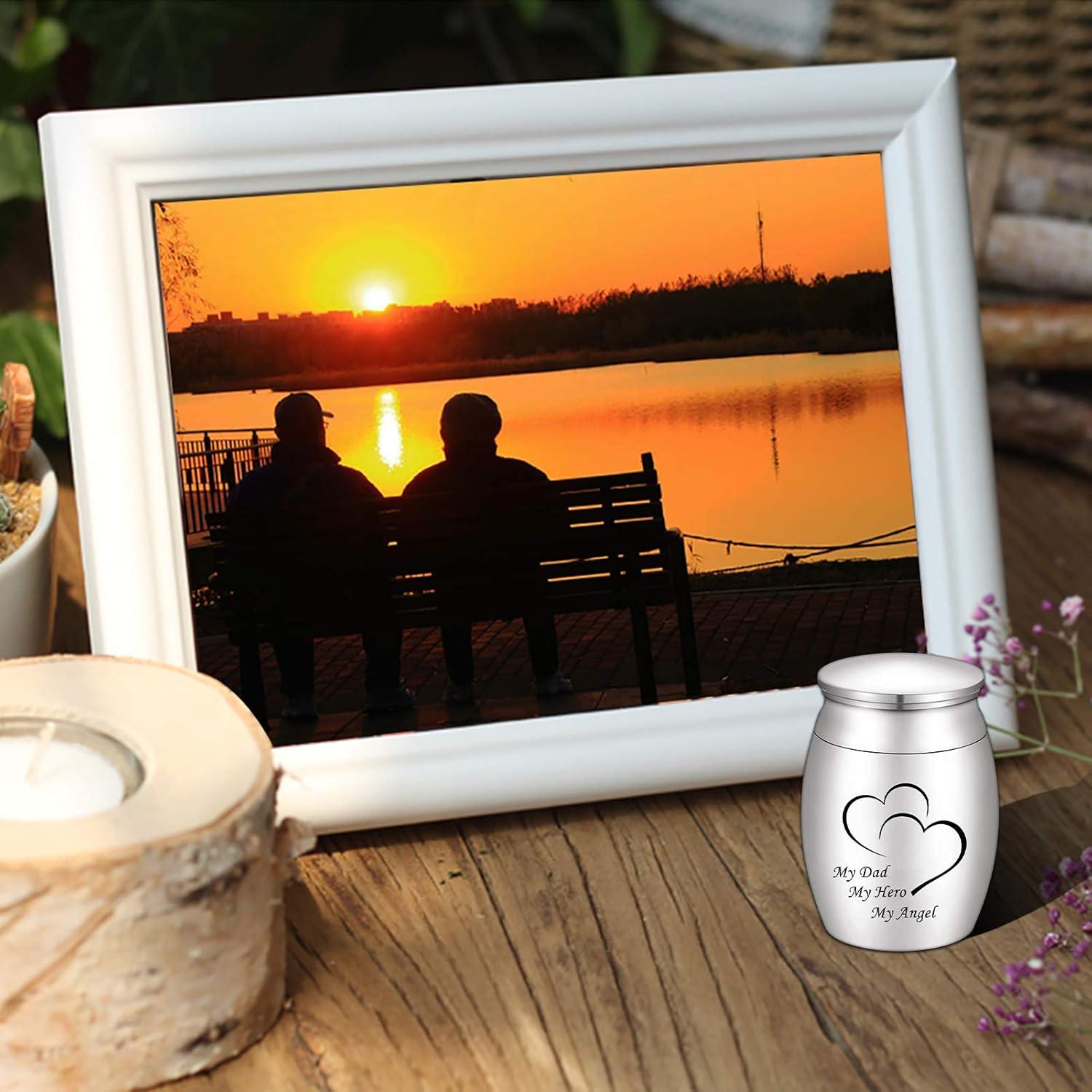 Small Keepsake Urn for Dad Mini Cremation Urns Decorative Memorial Funeral Ashes Holder Silver Engraved Stainless Steel Container for Dad Father 1.57 x 1.18 Inch-My Dad My Hero My Angel