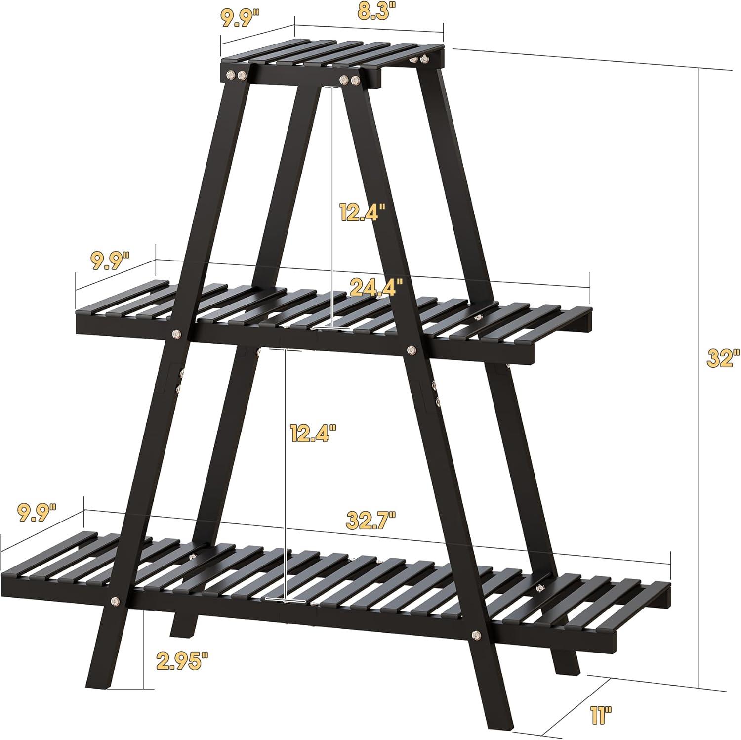 Black Bamboo 3-Tier Ladder Plant Stand for 8 Pots