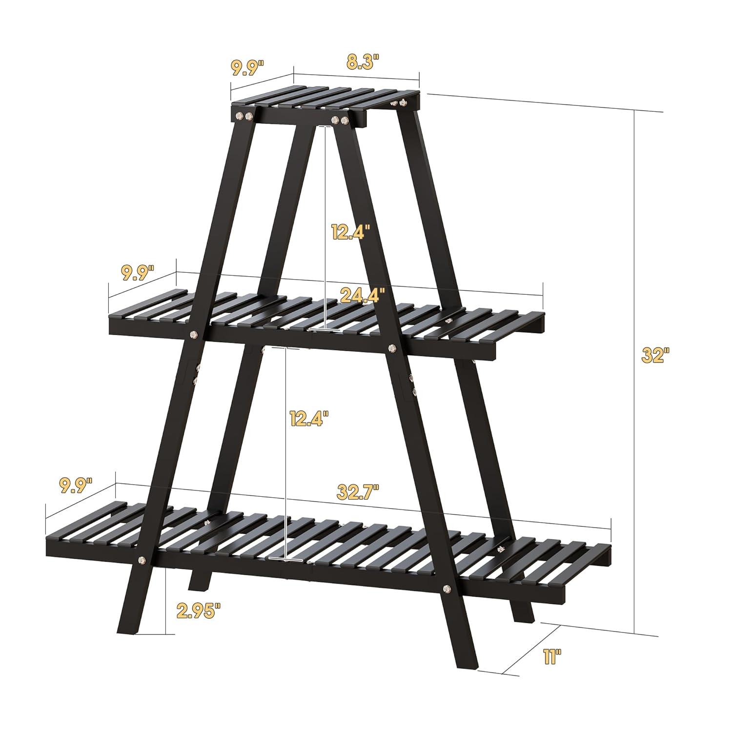 Bamboo Plant Stand Indoor/Outdoor, 3-Tier, Black, Rectangular, 8 Potted Flower Holder Ladder Plant Rack