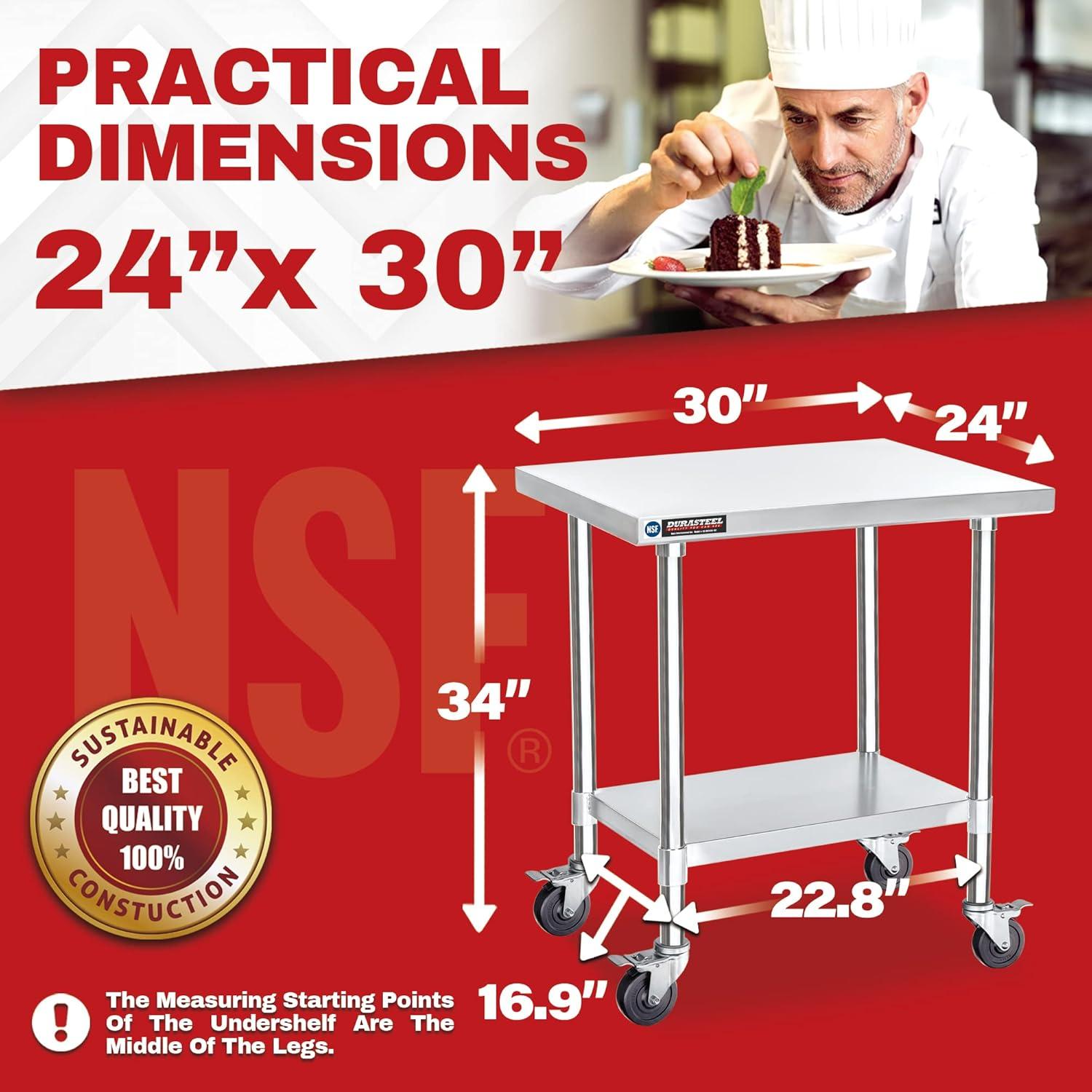 Stainless Steel Movable Table Cart with Adjustable Under Shelf - NSF Certified