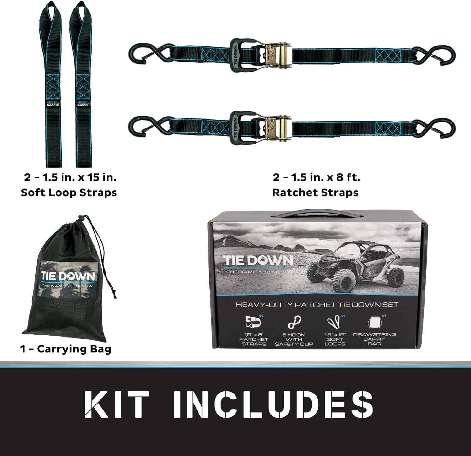 Tie Down 1.5 inch x 8 ft Black Heavy Duty Ratchet Strap, 2-Pack Kit - 5208 lbs. Breaking Load Limit
