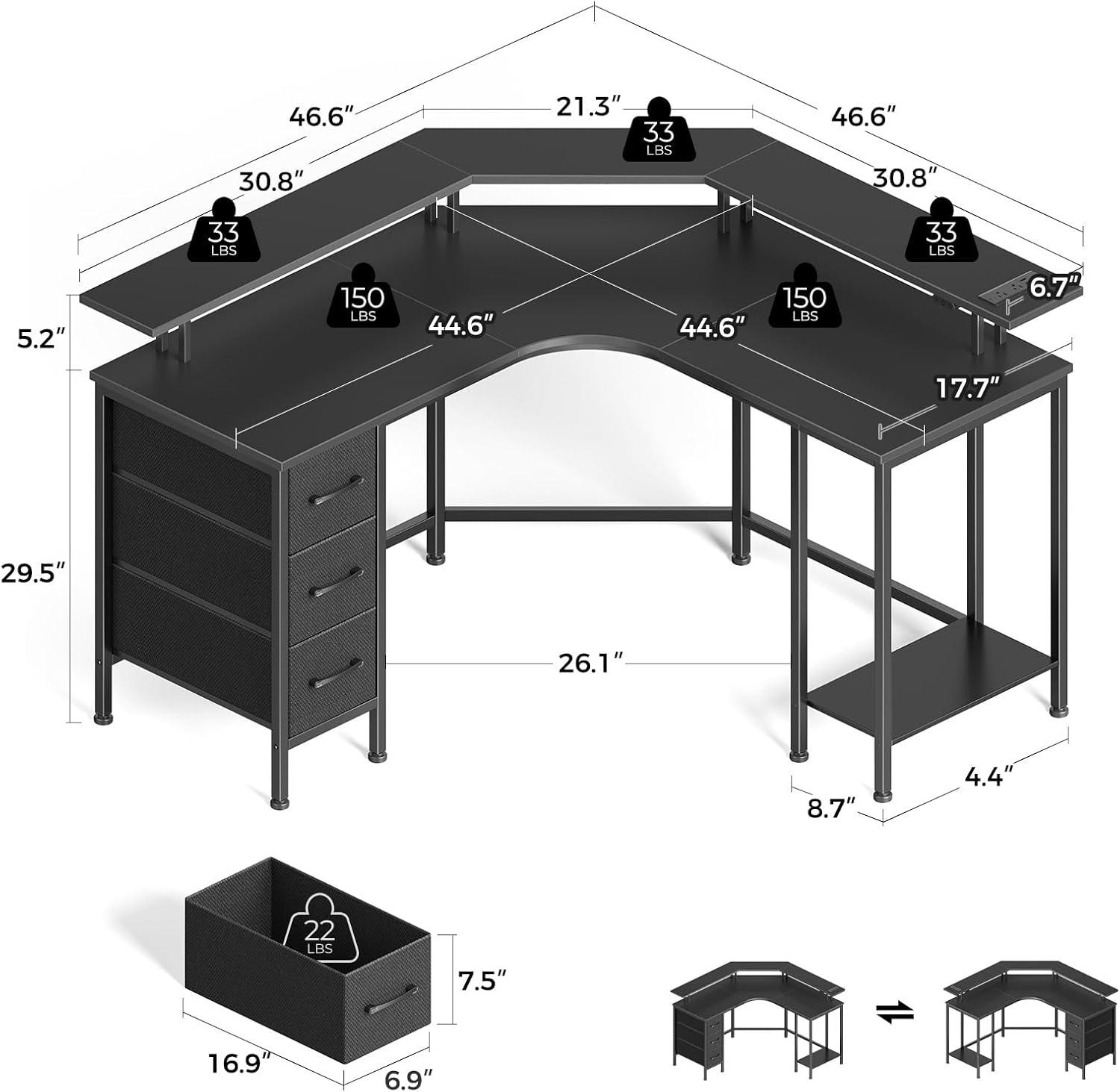 Black L-Shaped Gaming Desk with Drawers and LED Lights