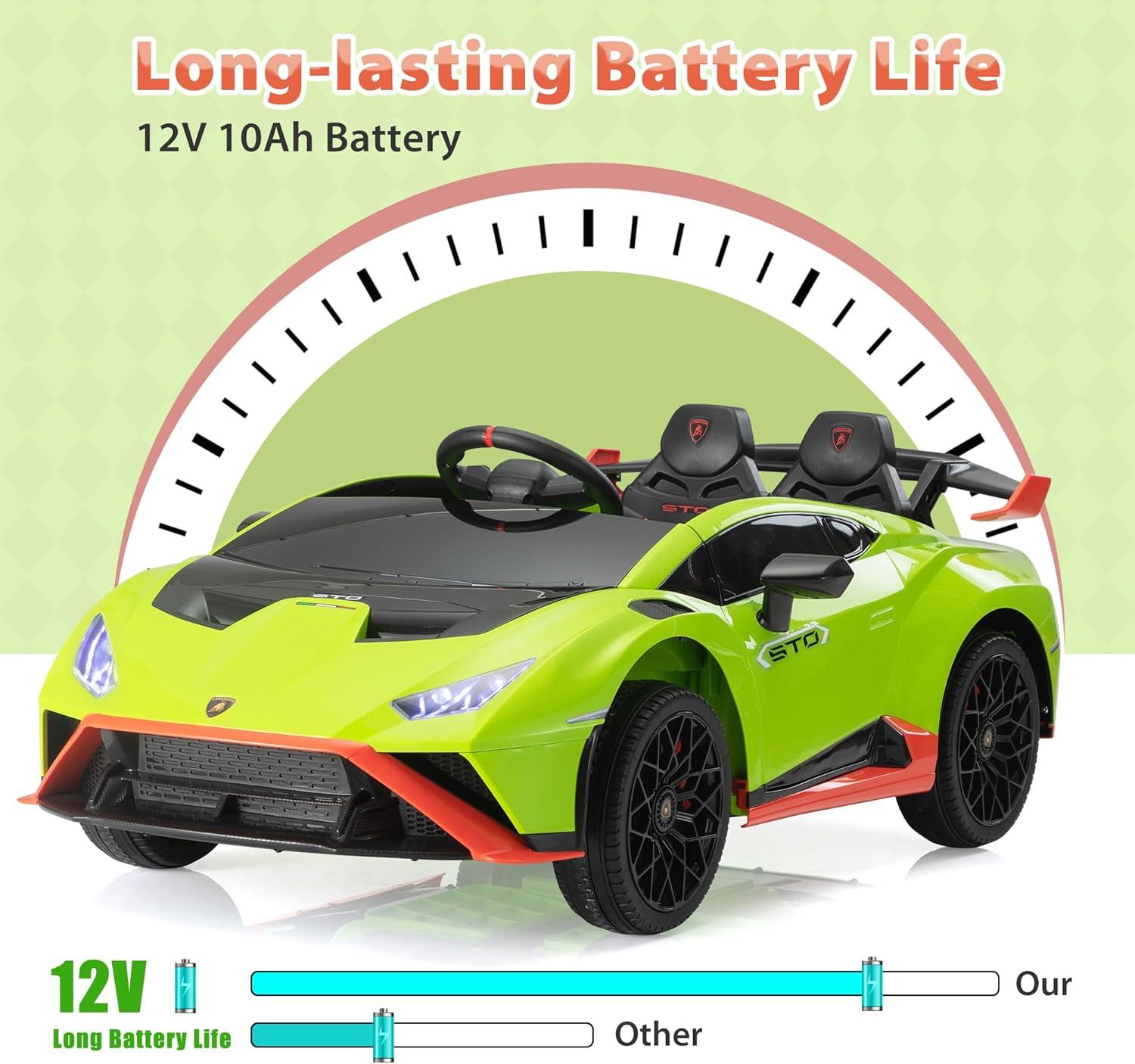 Track 7 12V Kids Ride on Car, Licensed Lamborghini STO Electric Car for Kids Age 3+, Remote Control, Music, Motorized Drift Electric Vehicle, Max Speed 5mph, Green