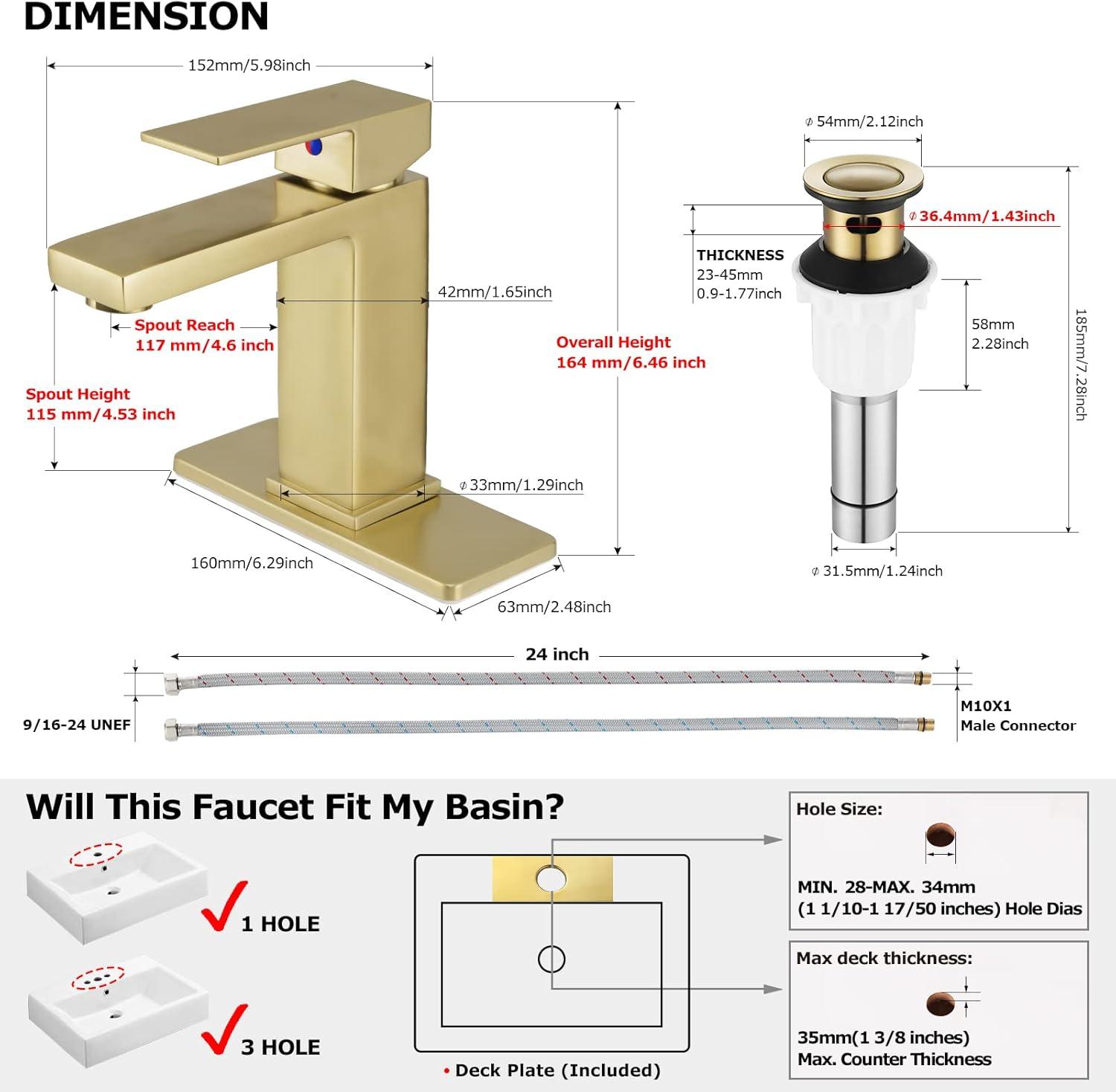 Brass Bathroom Sink Faucet Single Handle Lavatory Vanity Mixer Tap 1 Hole with Deck Plate, Metal Pop-up Drain Assembly & Water Supply Lines (Brushed Gold)