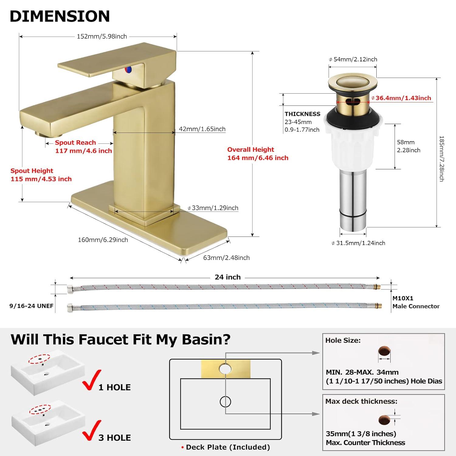 Brass Bathroom Sink Faucet Single Handle Lavatory Vanity Mixer Tap 1 Hole with Deck Plate, Metal Pop-up Drain Assembly & Water Supply Lines (Brushed Gold)
