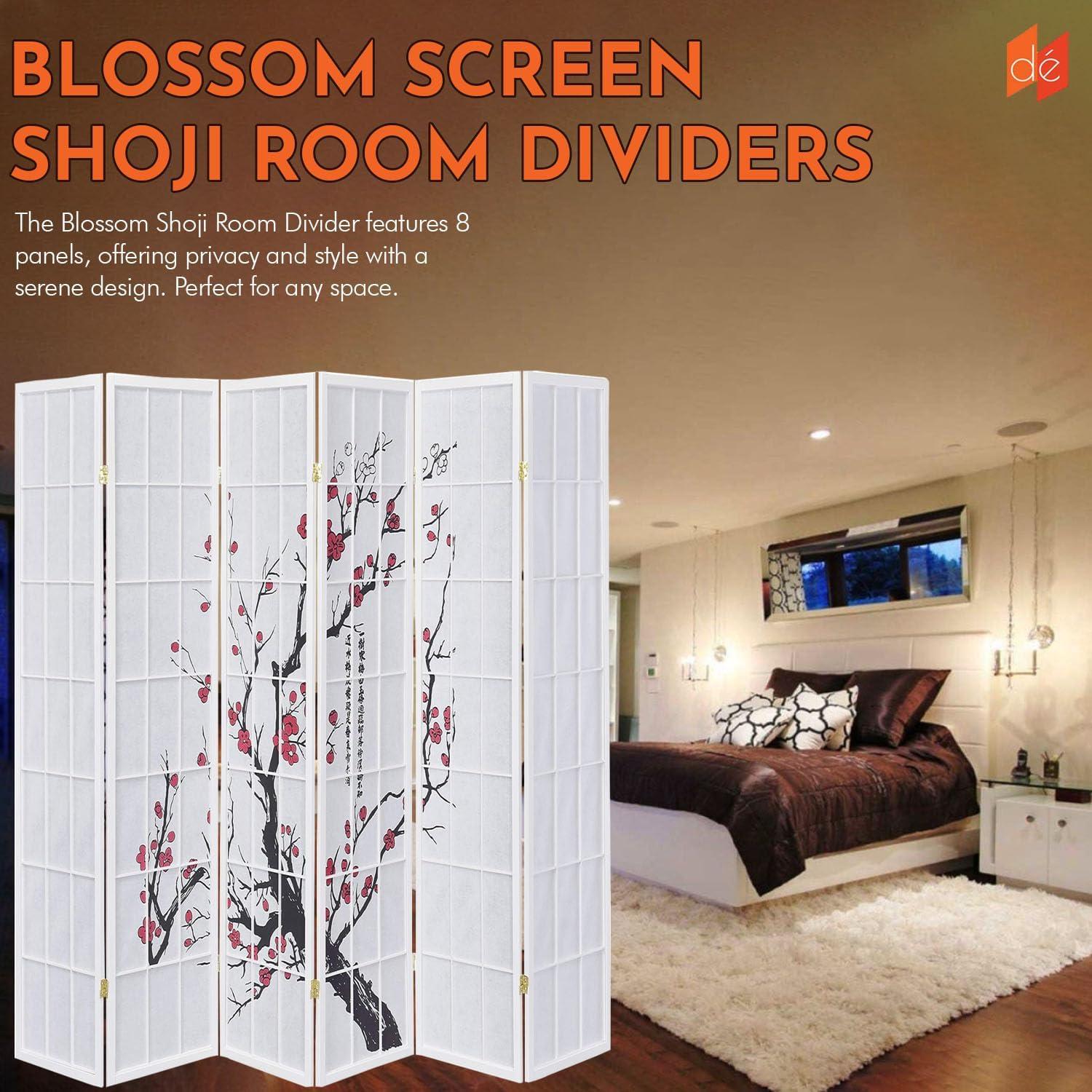 Legacy Decor 6 Panel Room Divider Privacy Screen Panel Blossom Shoji Design White Color