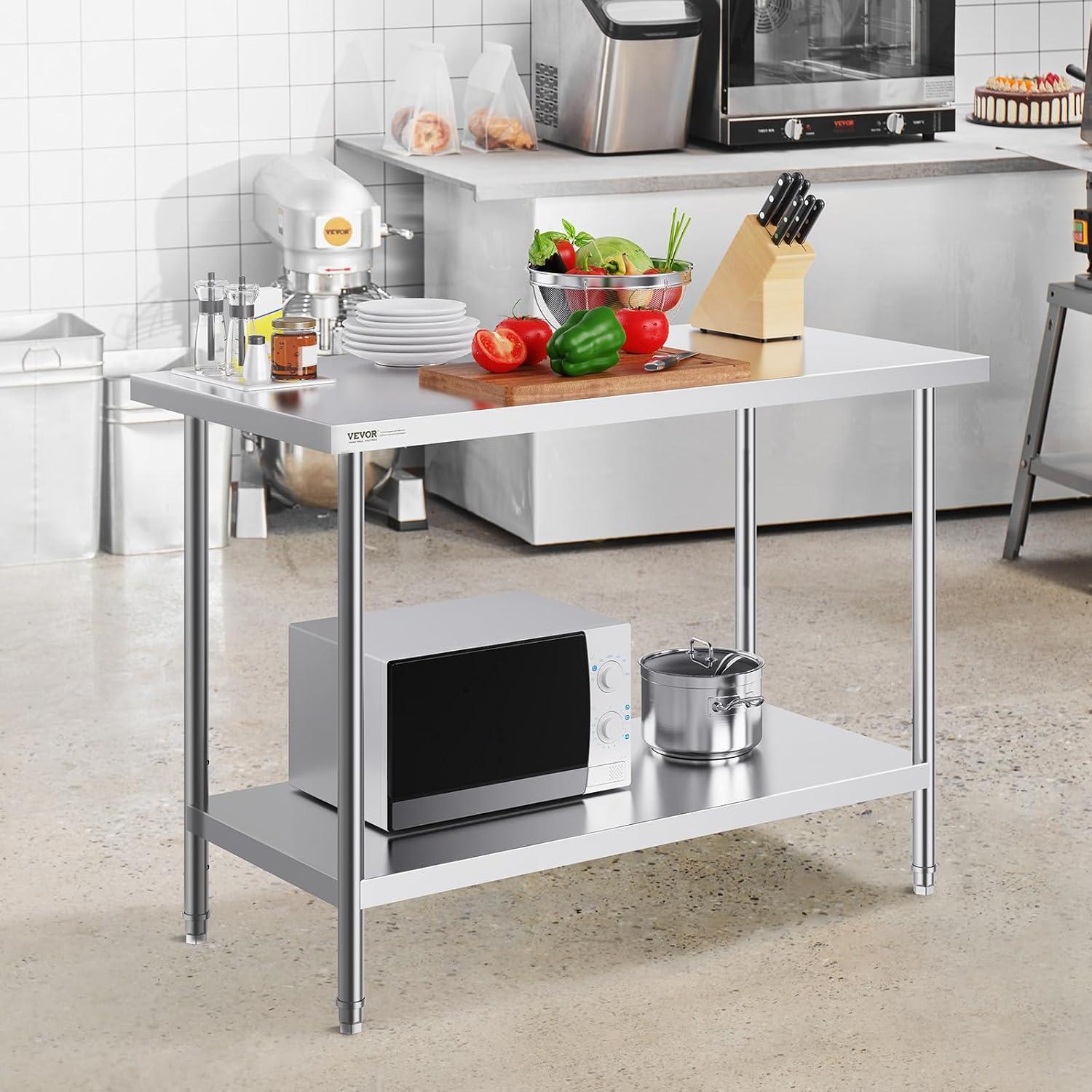 VEVOR Stainless Steel Prep Table, 48 x 24 x 34 Inch, 550lbs Load Capacity Heavy Duty Metal Worktable with Adjustable Undershelf, Commercial Workstation for Kitchen Restaurant Garage Backyard
