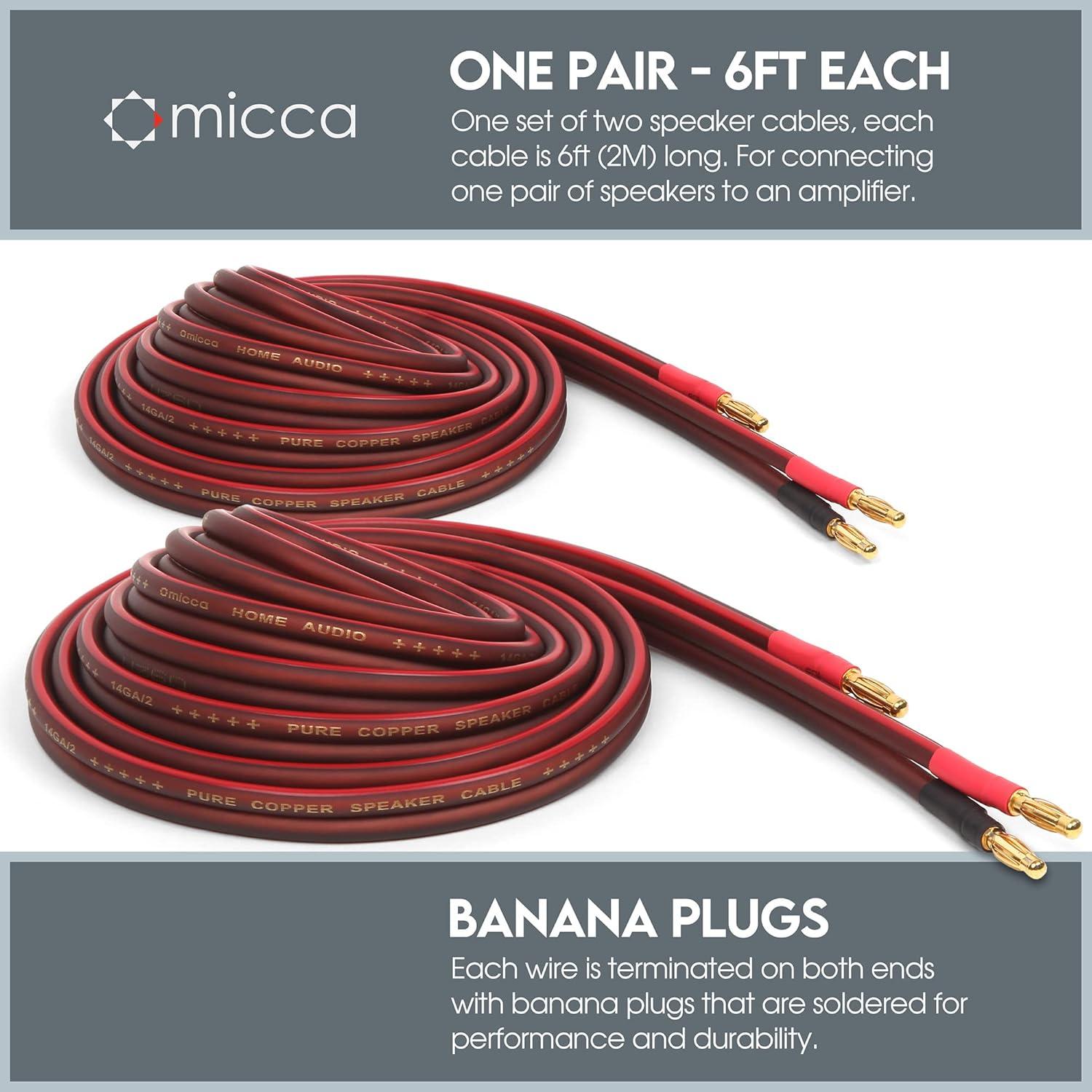 Red Pure Copper Stereo Speaker Wire with Gold Plated Banana Plugs