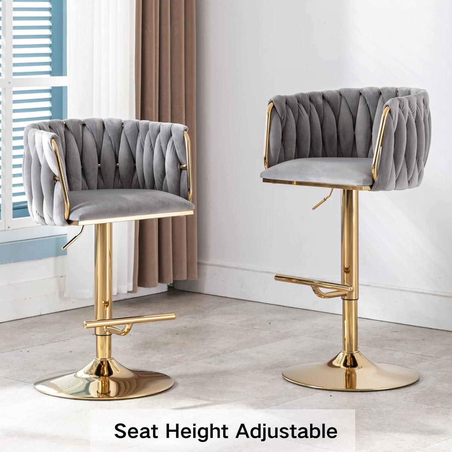 Velvet Bar Stools Set of 2, Counter Height Bar Stools with Low Back, Gold Swivel Barstools for Kitchen Island, Bar Pub (Grey)