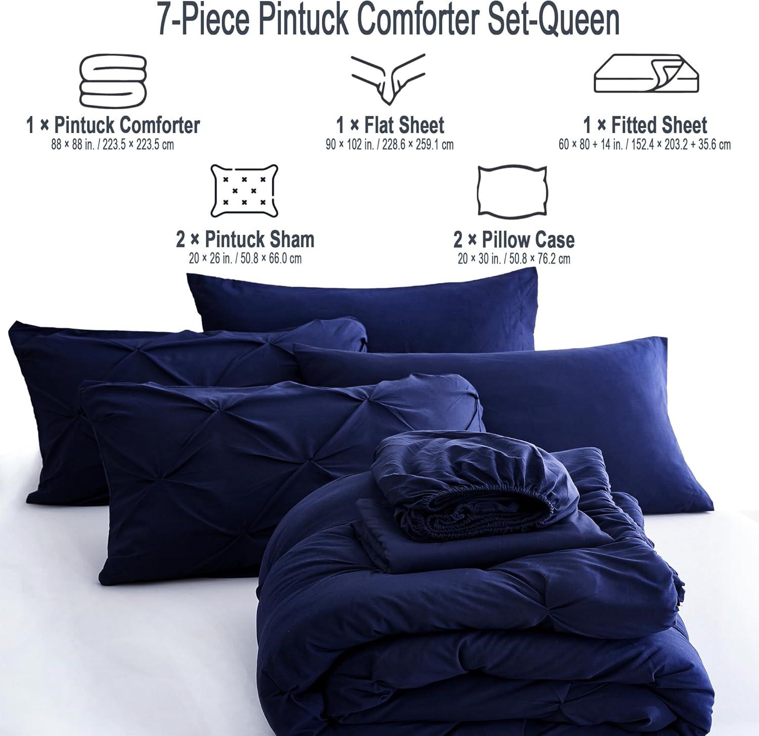 Virtu Queen Comforter Set, 7pc Bed in a Bag, Pleated Bedding Comforter Sets with Sheets, Navy