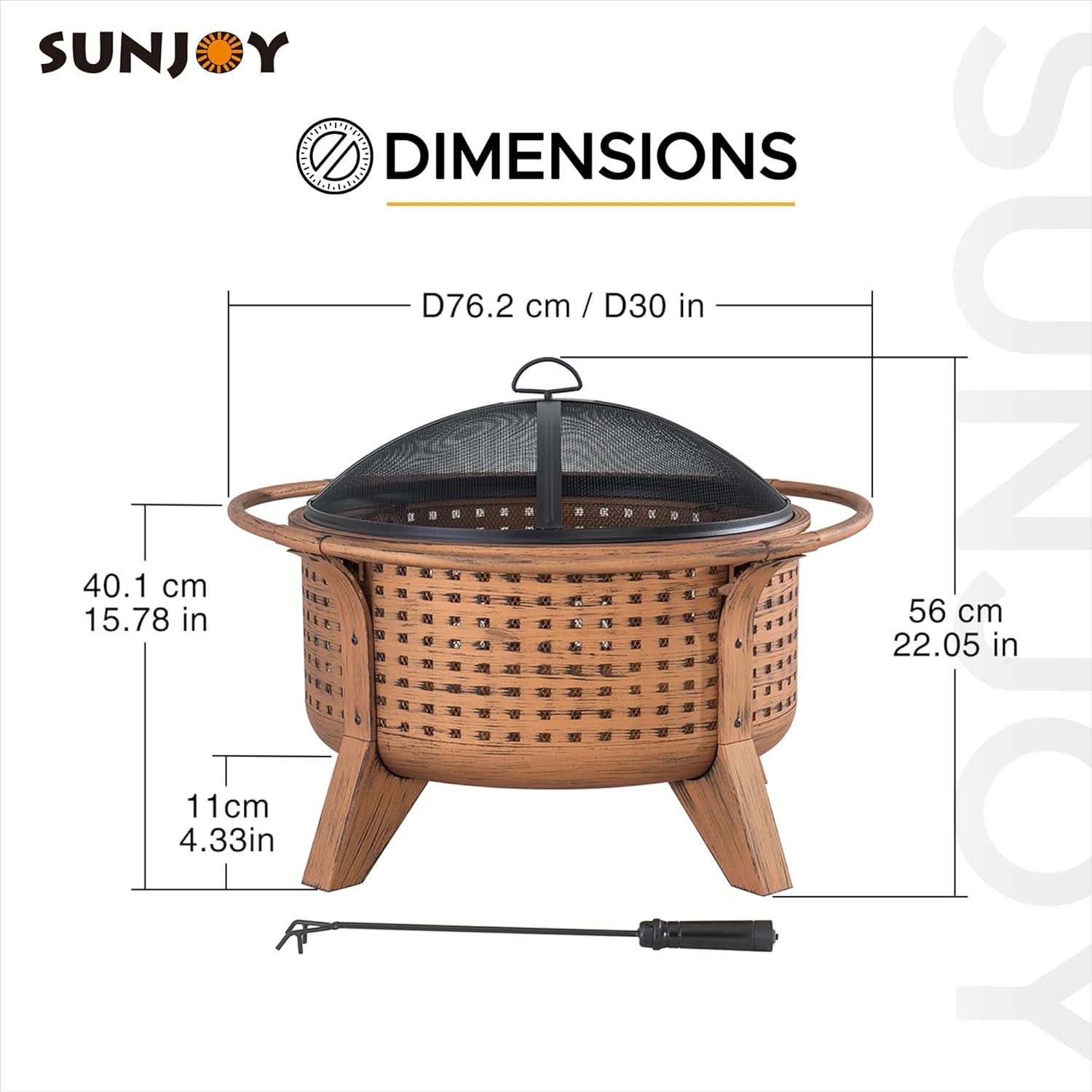 SUNJOY Fire Pit 30 Inch Outdoor Wood-Burning Fire Pit, Patio Woven Round Steel Firepit Large Fire Pits for Outside with Spark Screen and Poker