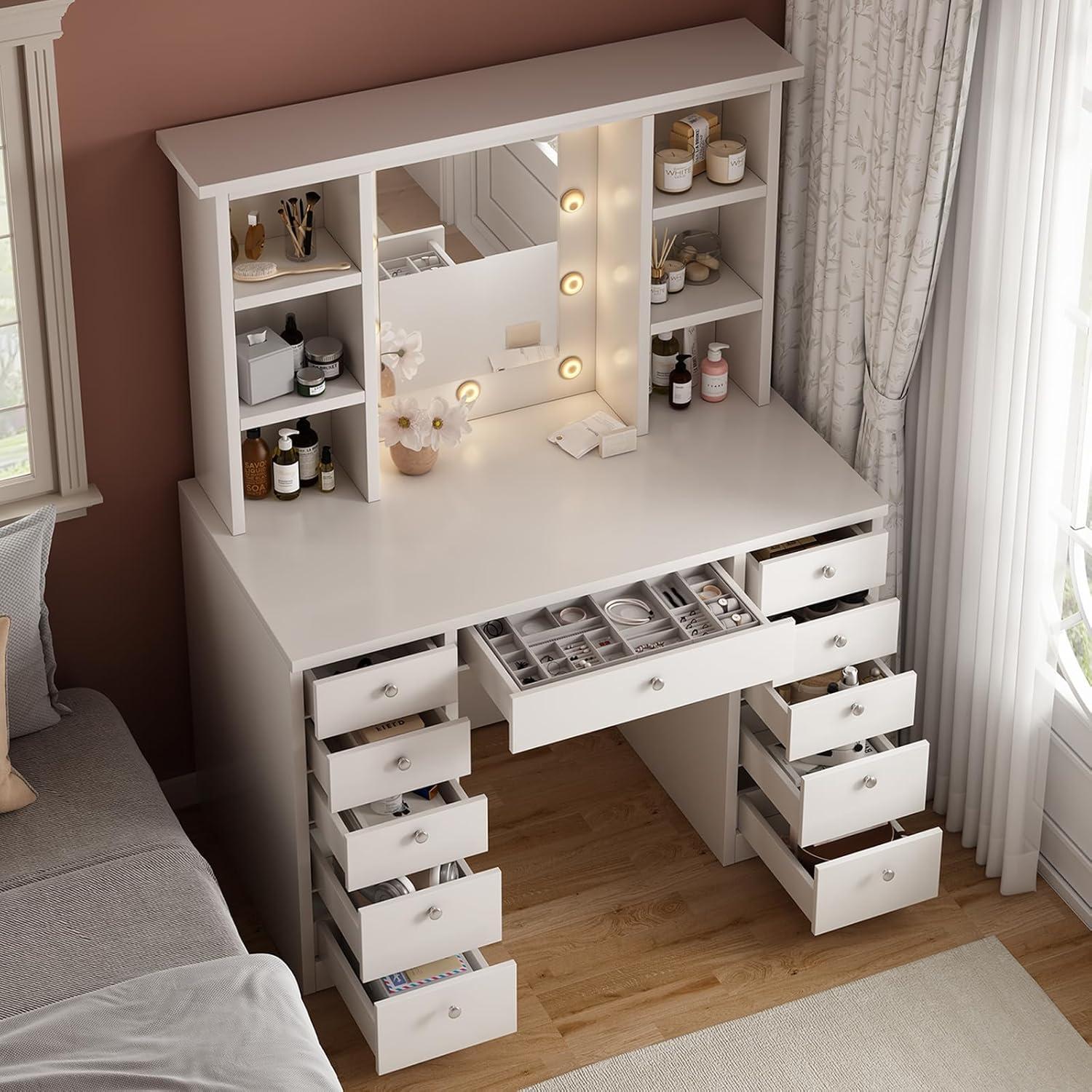 MONTARY Makeup Vanity Desk with Mirror and Lights, Dressing Table , White Vanity Table Set with 6 Drawers & Shelves & 4 Cabinets, 3 LED Lighting Modes Brightness Adjustable