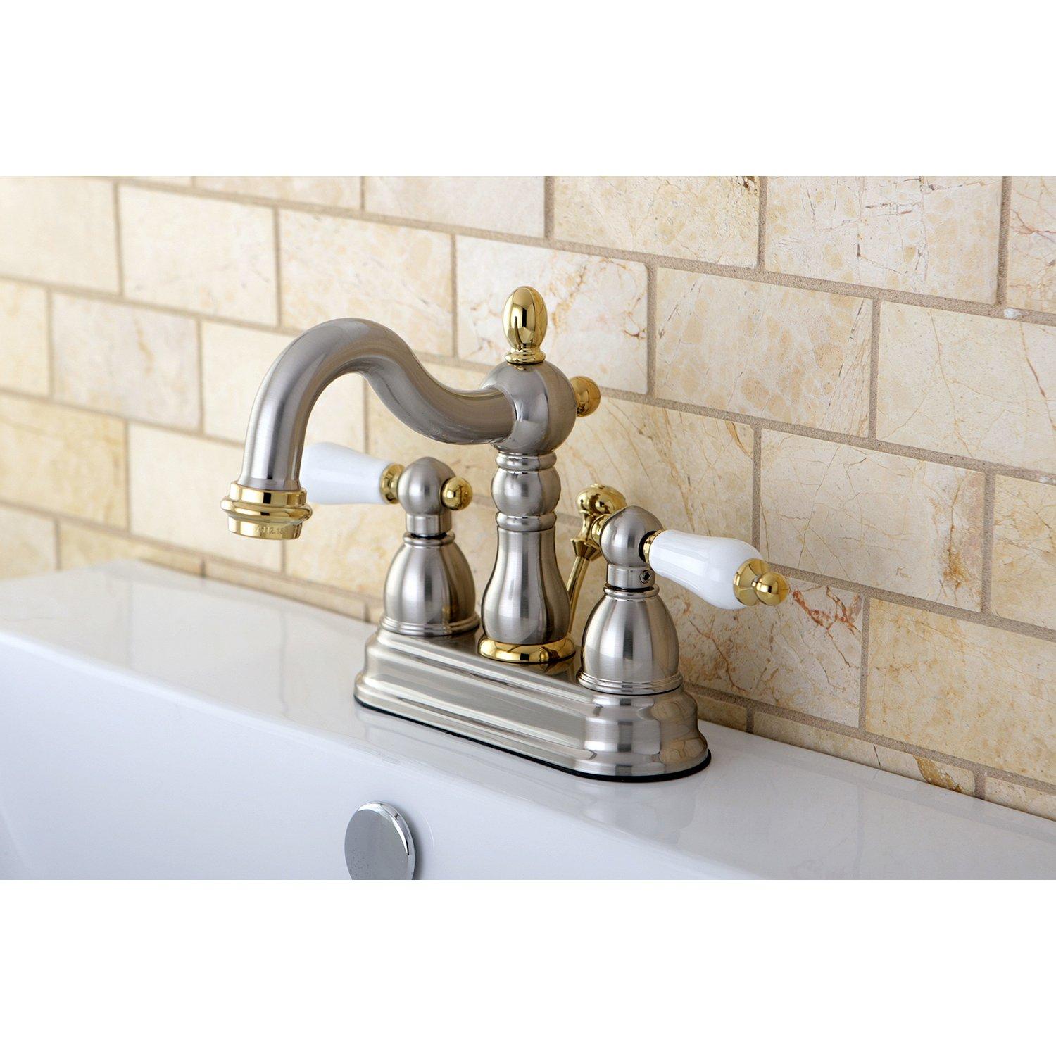 Kingston Brass Heritage Two-Handle 3-Hole Deck Mount 4" Centerset Bathroom Faucet with Plastic Pop-Up