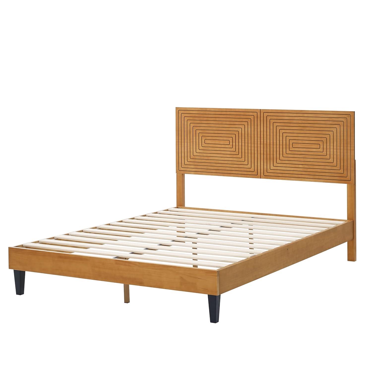 MUSEHOMEINC Solid Wood Queen Size Bed Frame with Adjustable Height Headboard, Mid Century Modern Style, Mattress Foundation with Wooden Slat Support,No Box Spring Needed,Easy Assembly (Queen)