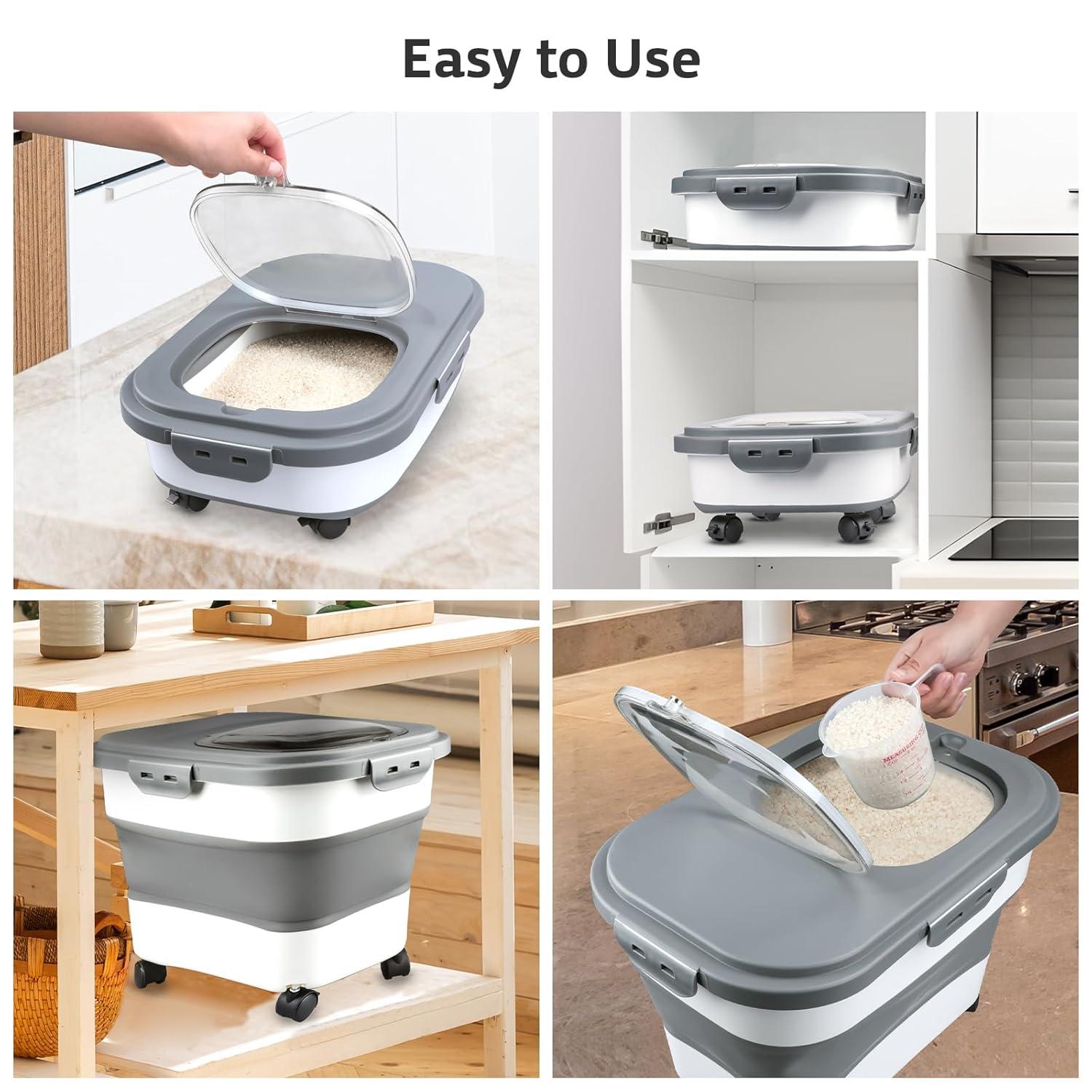 Rice Storage Containers, Collapsible 20 to 30Lbs Food Storage Bin Dispenser with Rolling Wheel and Clear Airtight Lid, BPA Free Flour, Sugar, Cereal and Dog Cat Pet food Containers