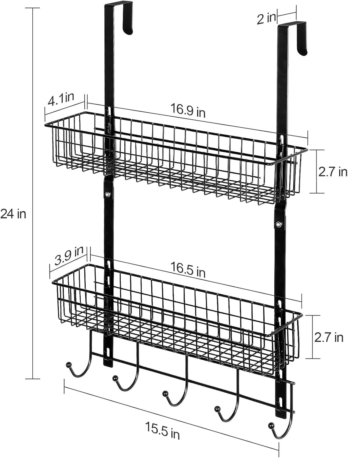 Over The Door Hooks, Door Hanger Towel Rack with 5 Coat Hooks & 2 Mesh Basket, Over Door Organizer for Bathroom, Bedroom, Kitchen, Office, Easy Installation, Black