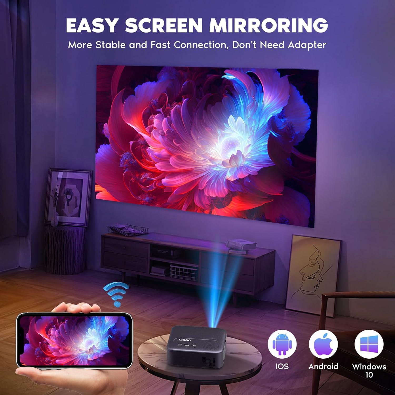 【Electric Focus】NISOO Native 1080P Projector, 4K Supported Projector with WiFi and Bluetooth, Zoom Function, Outdoor Movie for Phone/Laptop/TV Stick/DVD/USB/HDMI