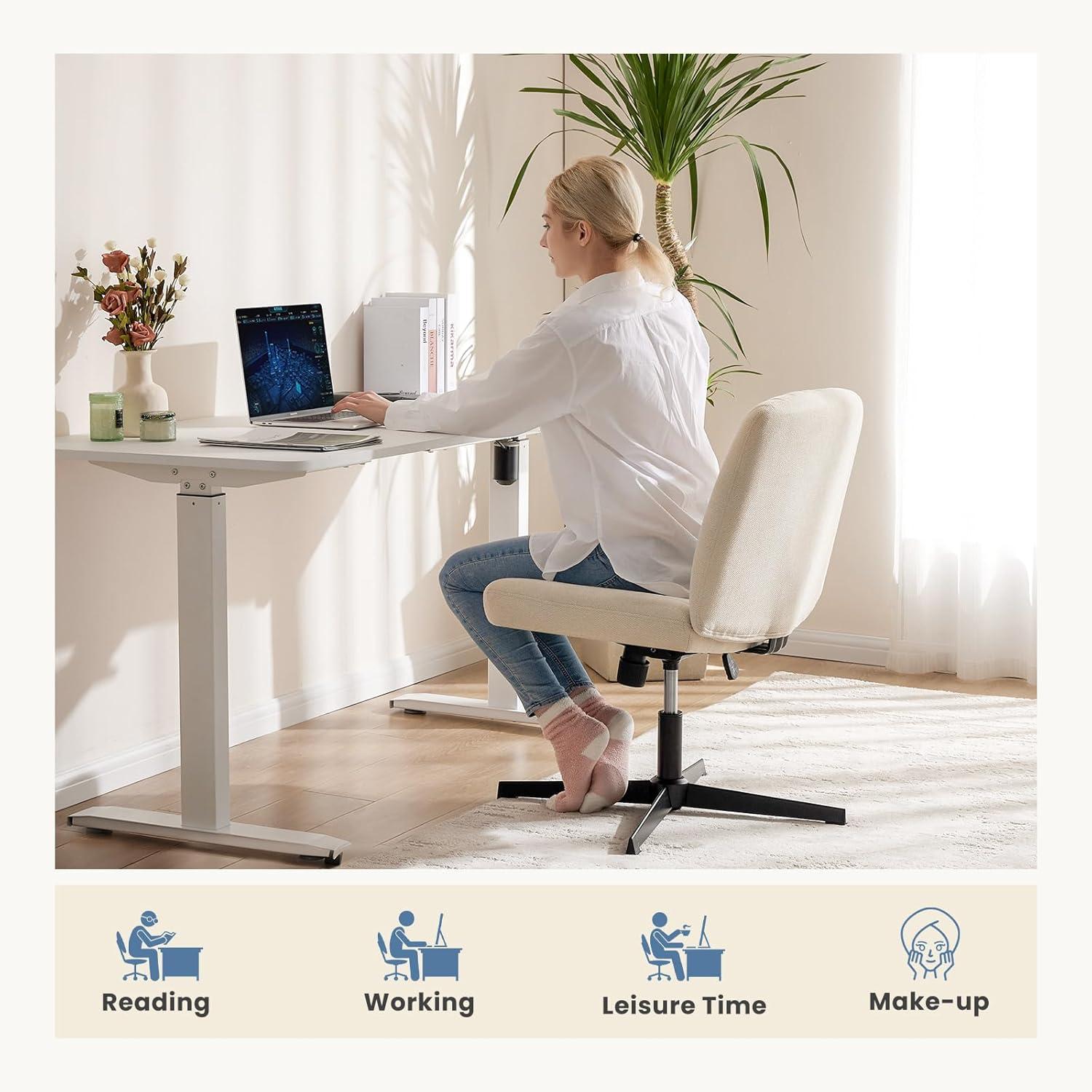 Criss Cross Chair with Wheels, Cross Legged Office Chair, Wide Comfort Desk Chair, Armless Computer Task Chair, Swivel Fabric Vanity Home Chair, Height Adjustable