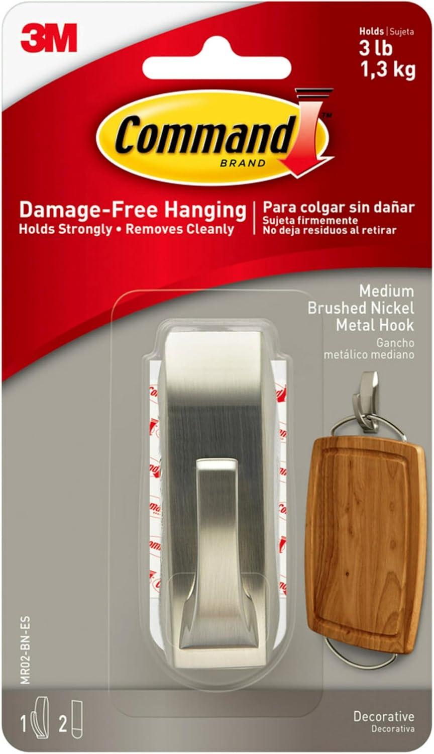 Command Hook, Medium, Brushed Nickel, 1 Hook, 2 Strips/Pack