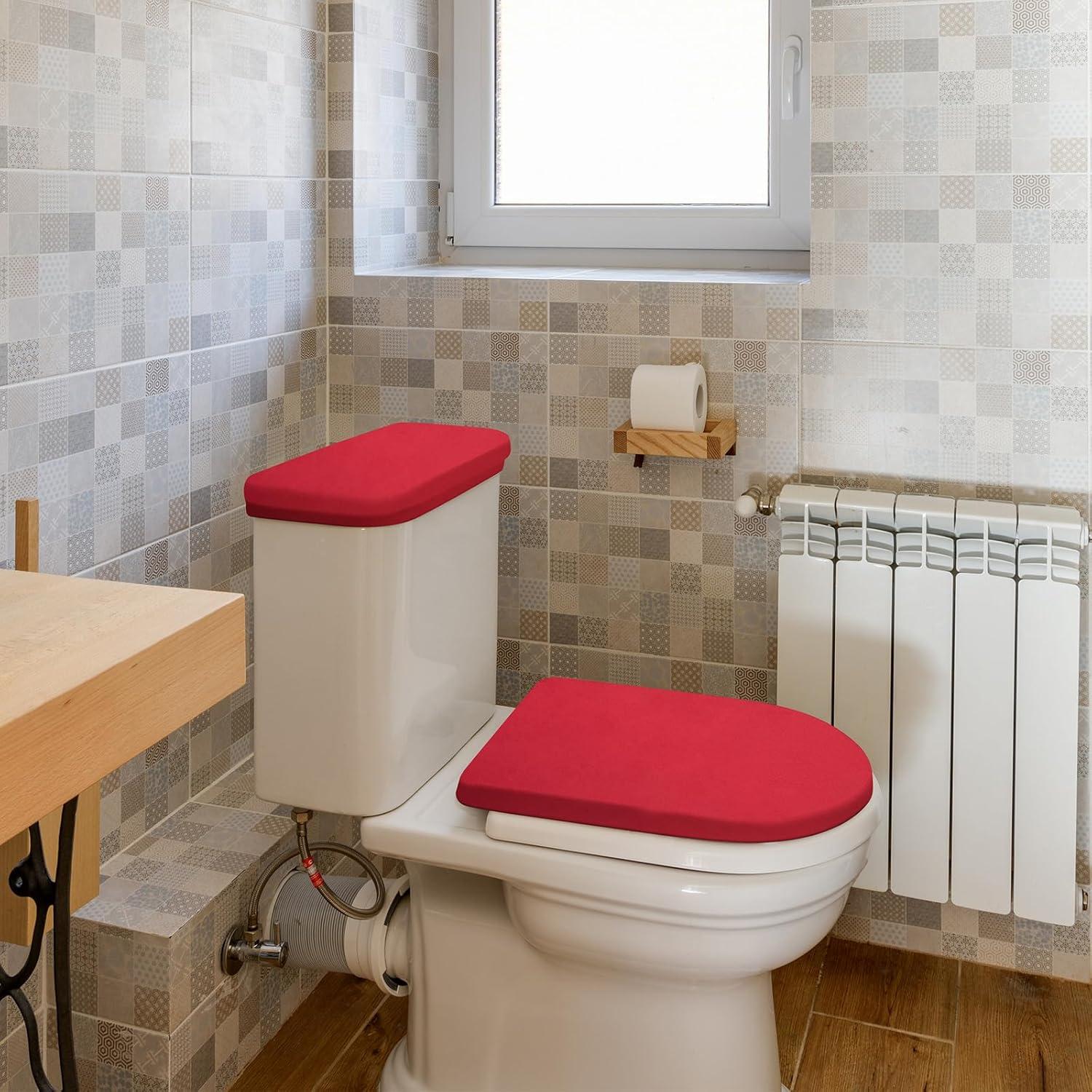 Red Bathroom Toilet Lid Seat Cover Set,Polyester Fibre Toilet Lid Cover,Elastic Bottom Cover Set,Toilet Tank Lid Cover,Machine Wash Set