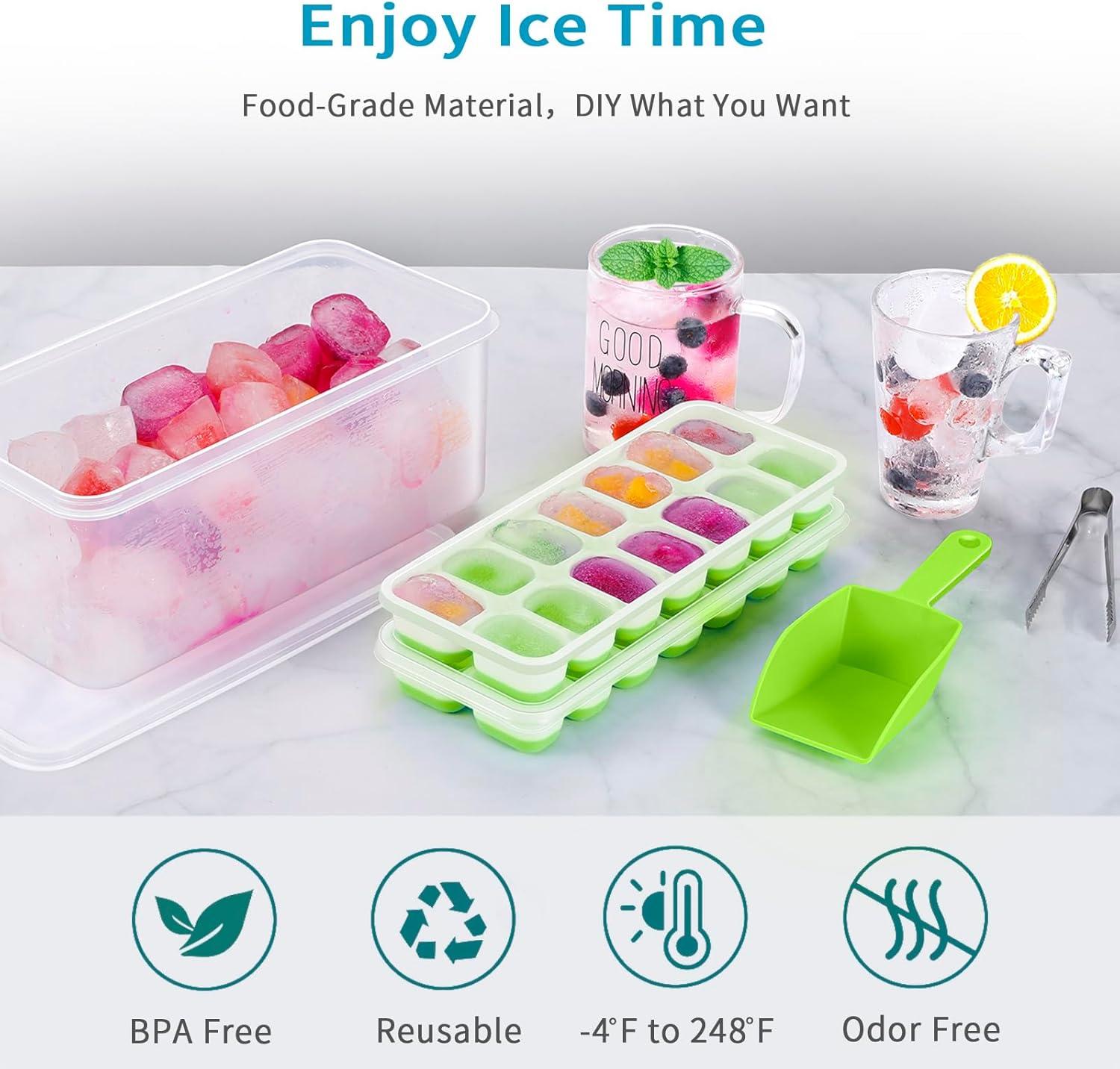 SDJMa Ice Cube Trays 4 Pack, Easy-Release Silicone Bottom 14-Ice Cube Maker with Spill-Resistant Removable Lid, BPA Free, for Cocktail, Freezer, Stackable Ice Trays with Covers