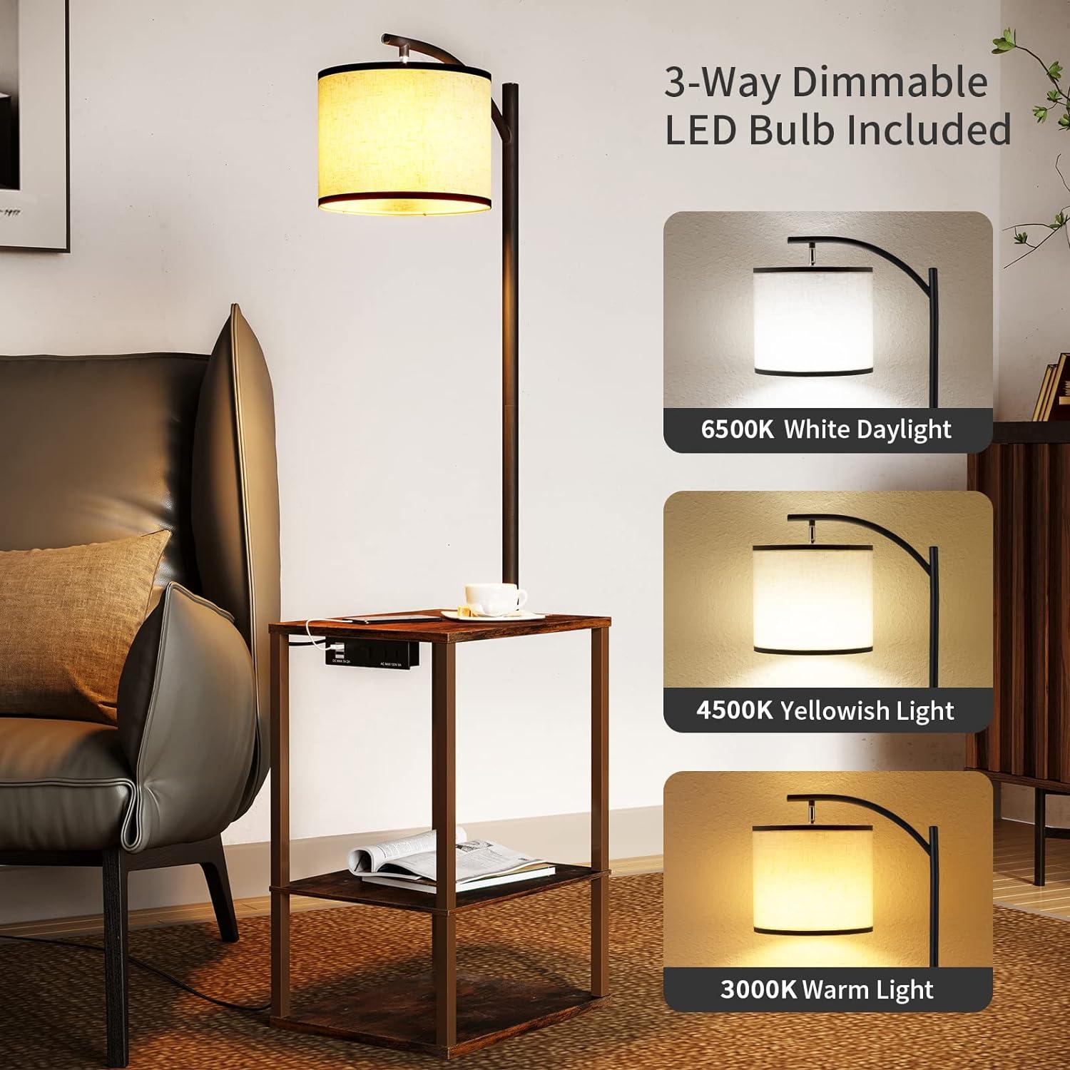 SUNMORY Floor Lamp with Table, Lamps for Living Room with USB Port, Attached End Table with Shelves, Brown