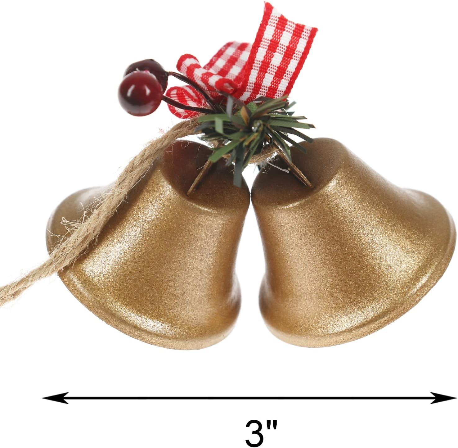 Gold Metal Christmas Jingle Bells with Red Ribbon Set