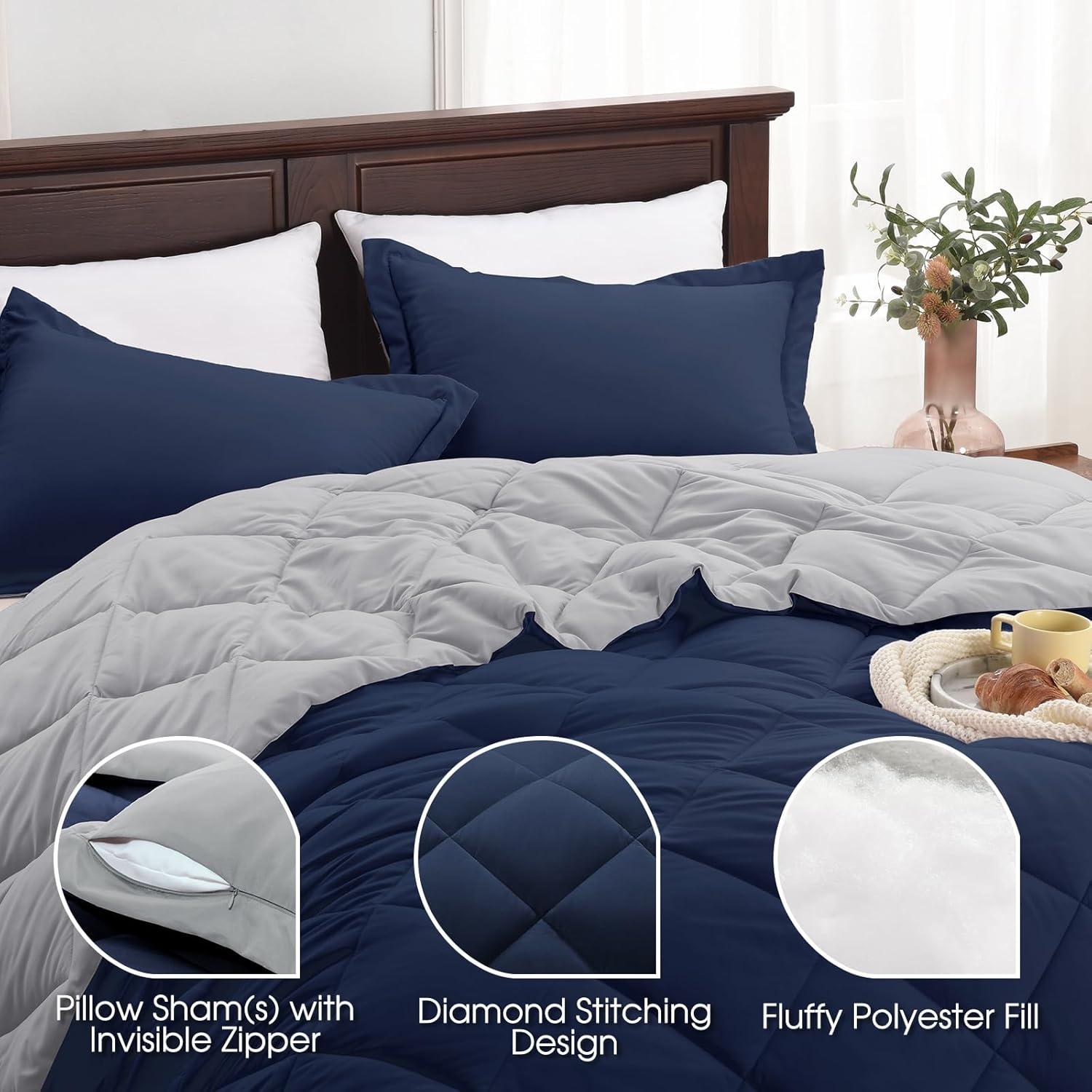 Navy and Light Gray Reversible Queen Microfiber Comforter Set