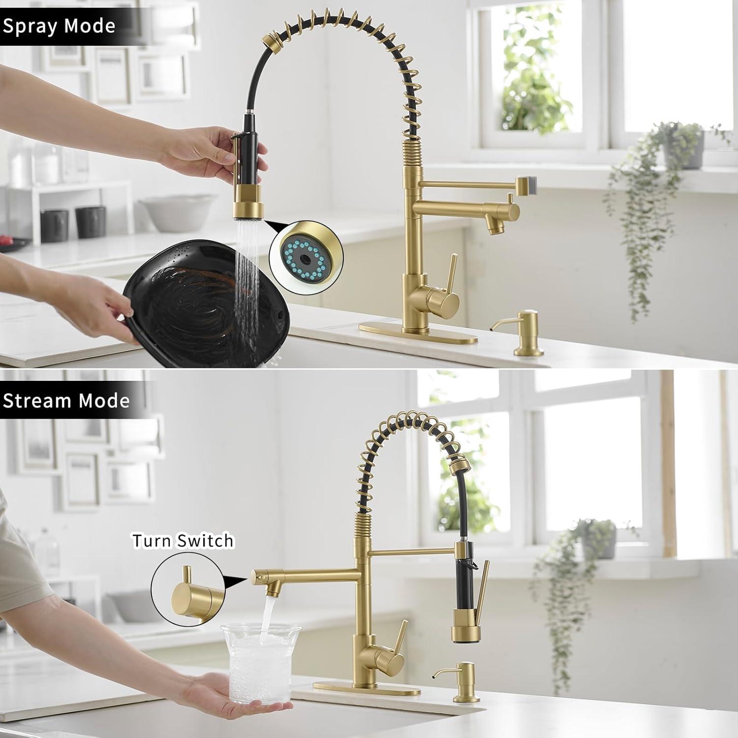 Contemporary Kitchen Sink Single Handle Brass Spring Kitchen Faucet with Pull Down Sprayer, Rotatable Pull-Out Kitchen Mixer Tap, Brushed Gold Kitchen Sink Faucets