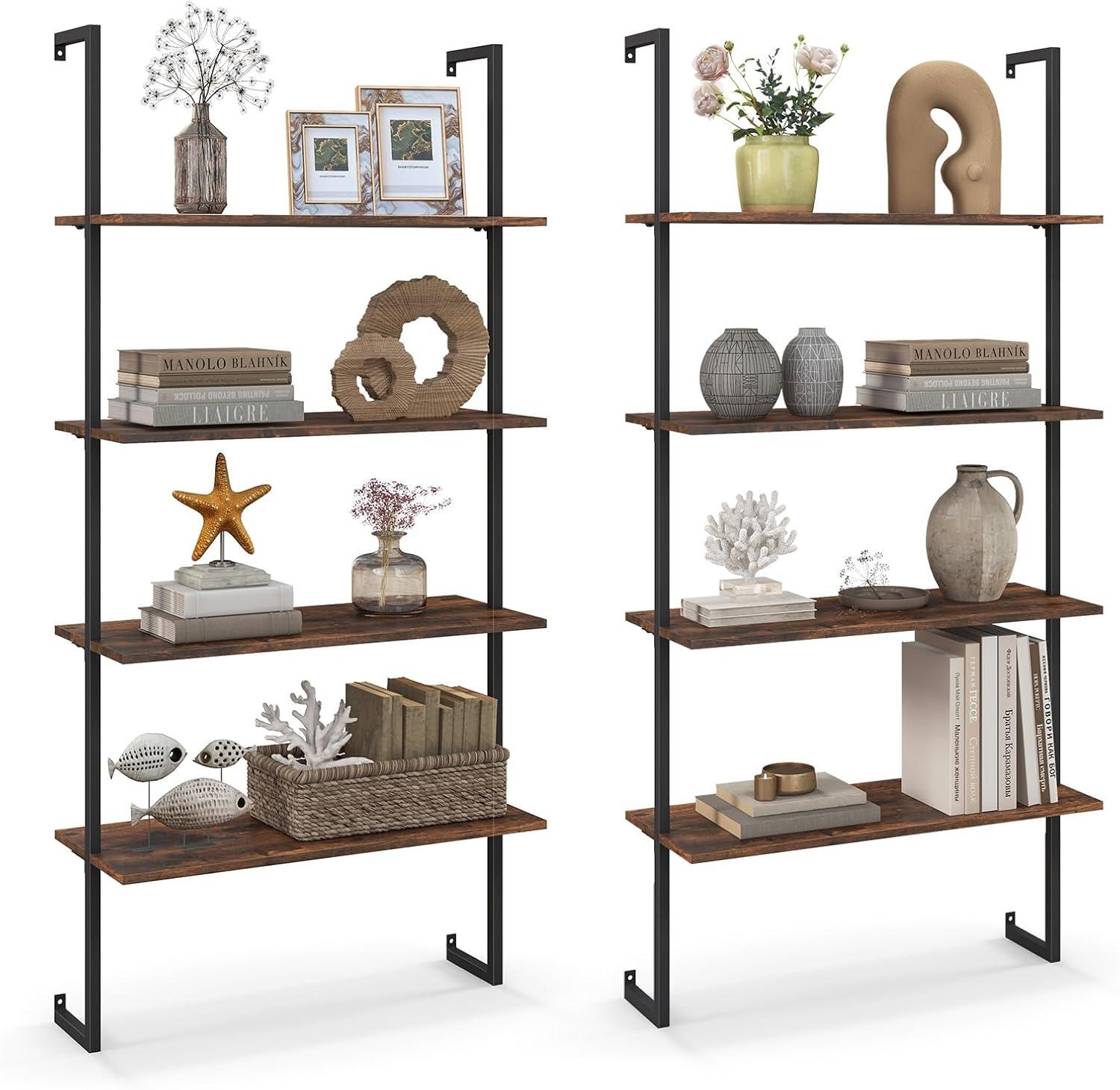 Rustic Brown 4-Tier MDF and Metal Ladder Bookshelf