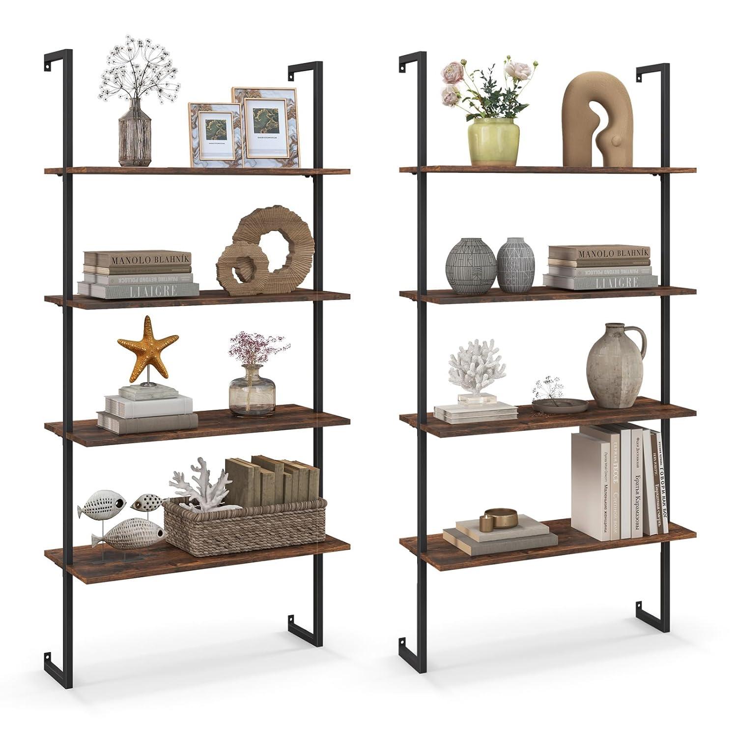 Costway 4-Tier Ladder Storage Shelves, Rustic Brown