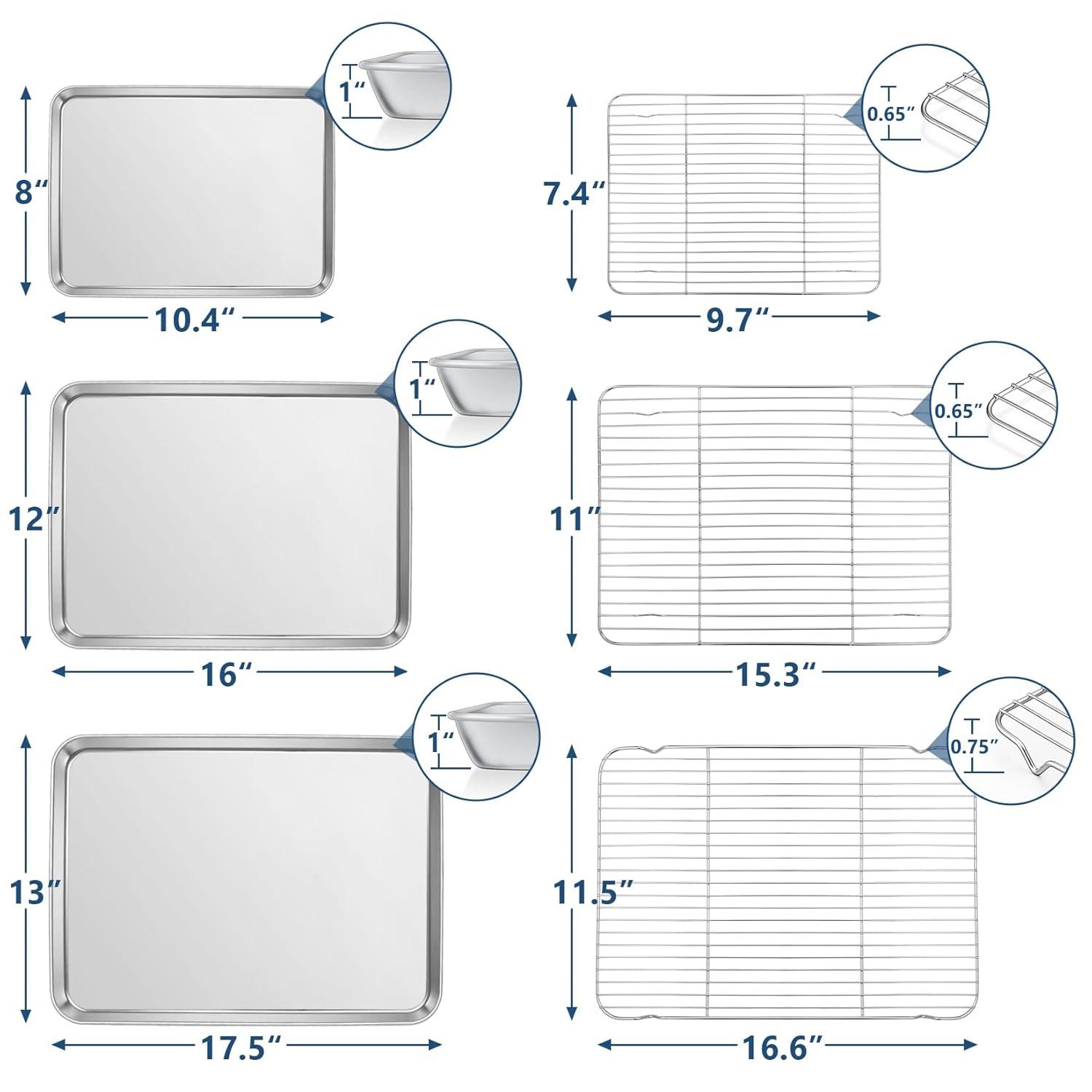 P&P CHEF Baking Sheet and Rack Set, 6 PACK (3 Sheets 3 Racks), Stainless Steel Baking Cookie Sheets Pans with Cooling Rack for Baking and Roasting, Oven & Dishwasher Safe 16"+12.5"+9" (3 Pans+3 Racks)
