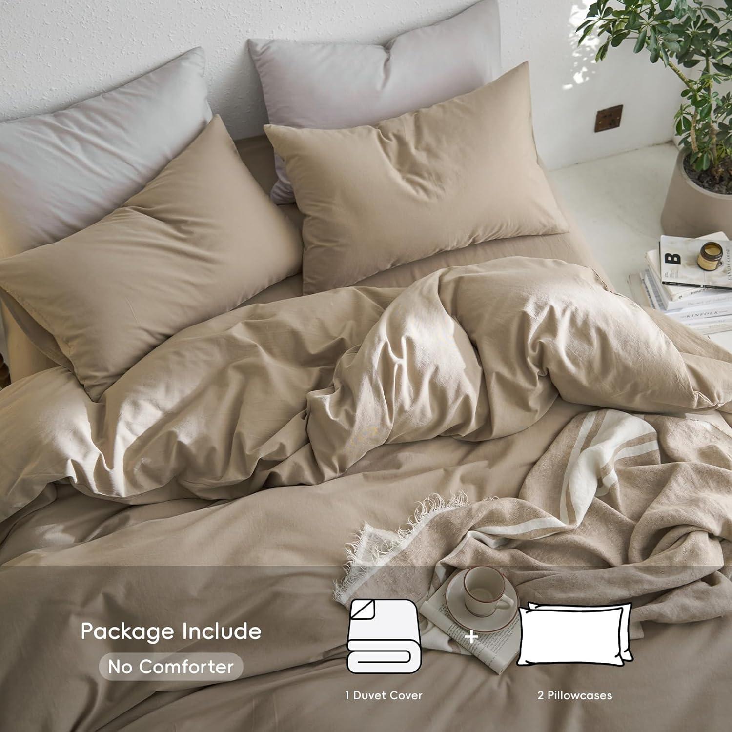 MooMee Washed Cotton Duvet Cover Set Linen Like Textured Breathable 3-Piece (Brown, Queen)