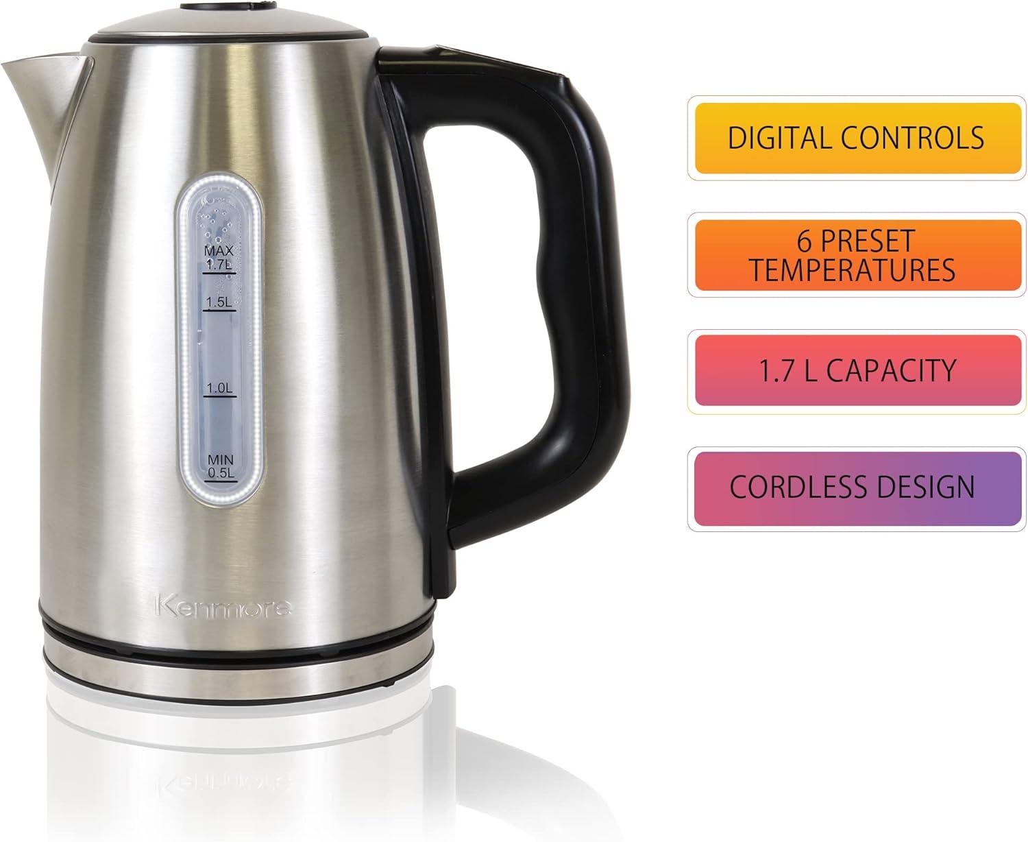 Kenmore 1.7 Qt. Electric Tea Kettle with 6 Temperature Pre-Sets, Cordless