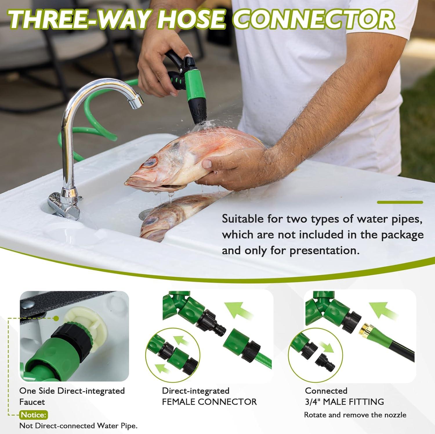 Folding Fish Cleaning Table Portable Camping Sink Table with Faucet Drainage Hose & Sprayer Outdoor Fish Fillet Cleaning Station with Grid Rack & Knife Groove for Picnic Fishing, Grey