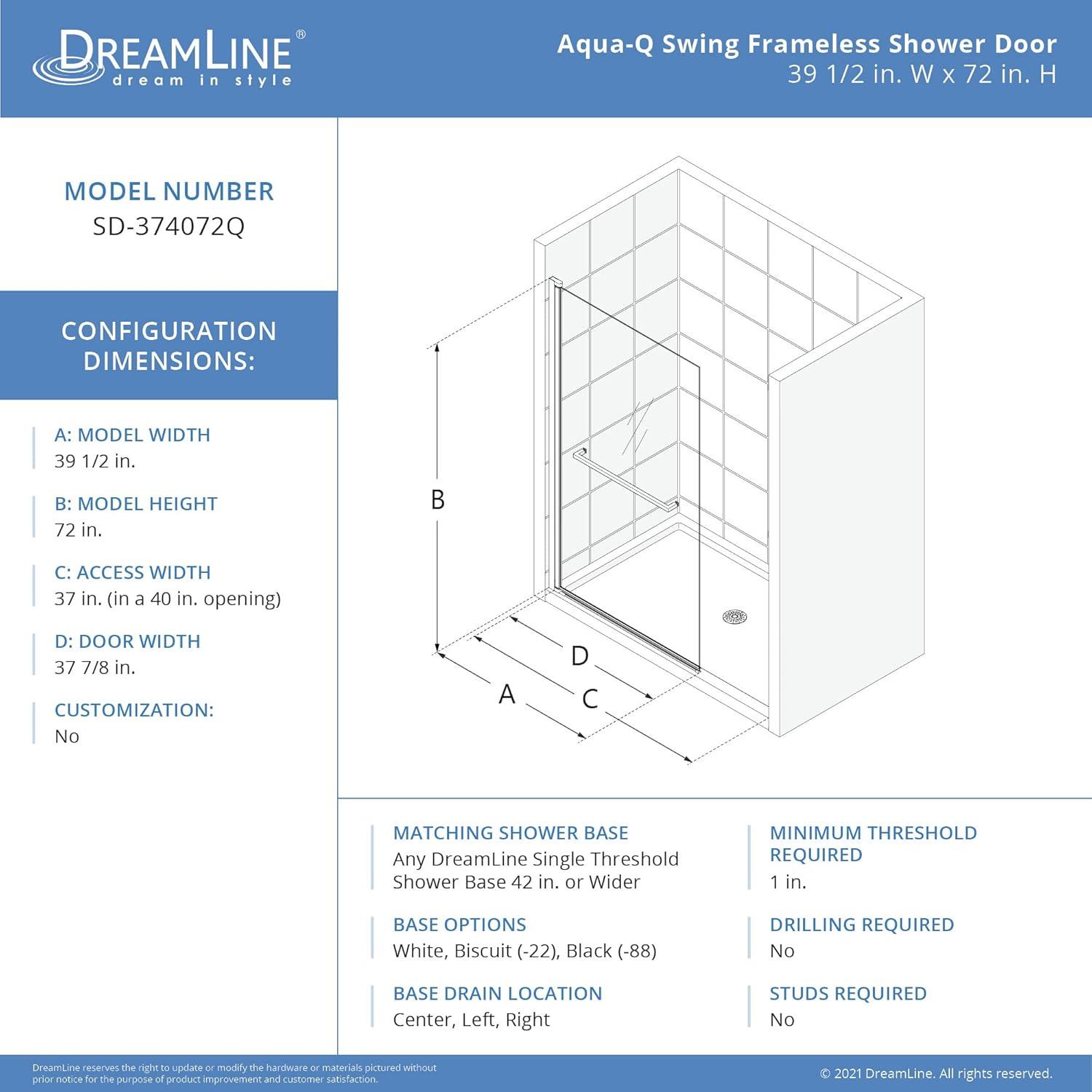 Aqua-Q Swing 72" H Frameless Shower Door