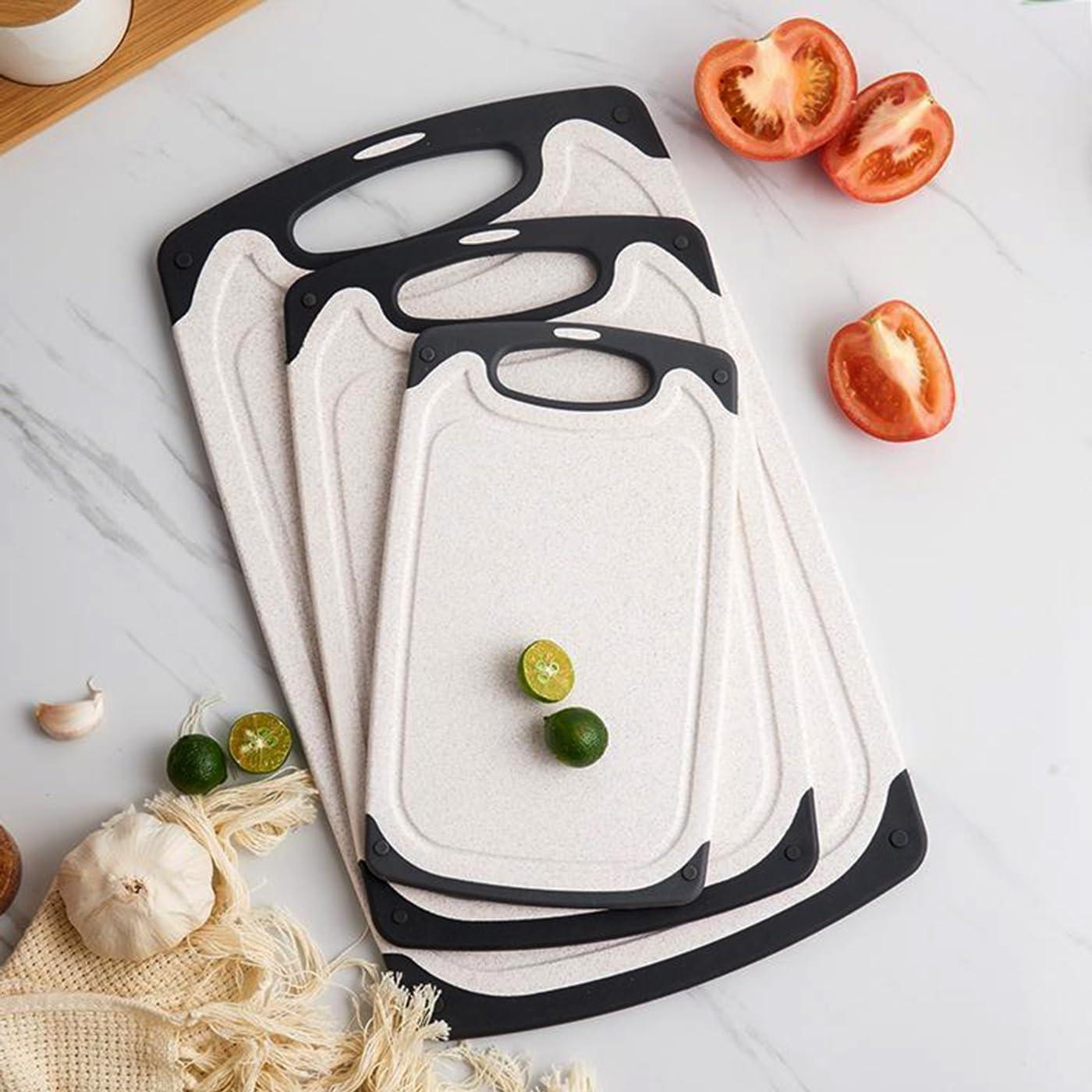 SINT Cutting Board Set of 3 for Kitchen, Plastic Chopping Board, Thick Chopping Boards for Meat, Veggies, Fruits, with Easy Grip Handle with Dishwasher Safe, White & Black