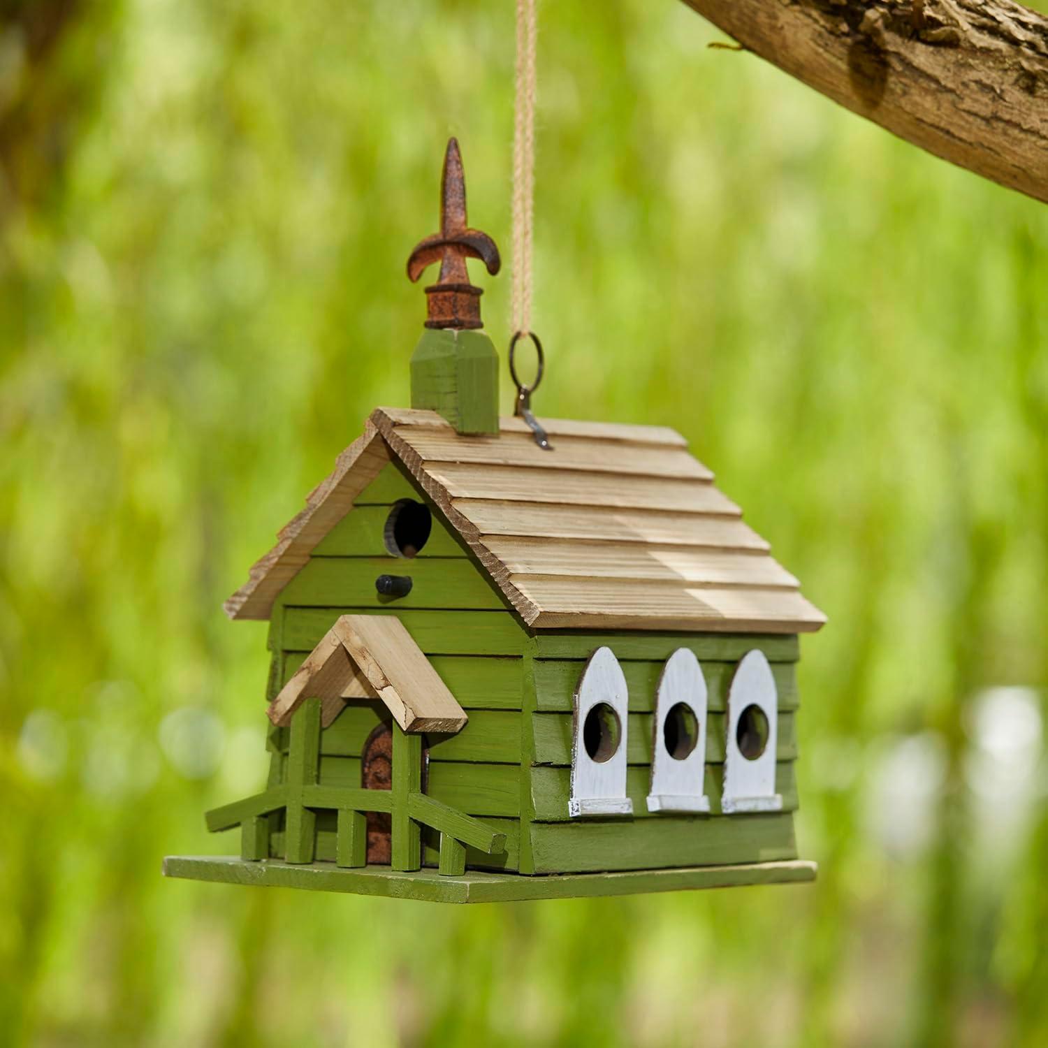 Green Hand Painted Wood Birdhouse with Distressed Details