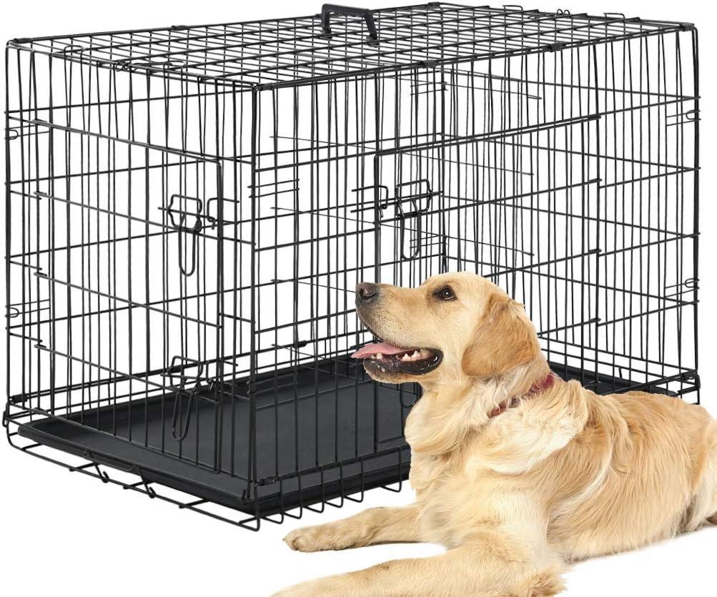 CL.HPAHKL Durable Large Dog Crate, Folding Metal Dog Kennel Double Door Dog Cage with Plastic Tray, Wire Crate for Large Dog Indoor Outdoor Travel (Black, 42 inch)