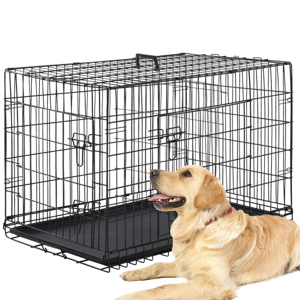 CL.HPAHKL Durable Large Dog Crate, Folding Metal Dog Kennel Double Door Dog Cage with Plastic Tray, Wire Crate for Large Dog Indoor Outdoor Travel (Black, 42 inch)