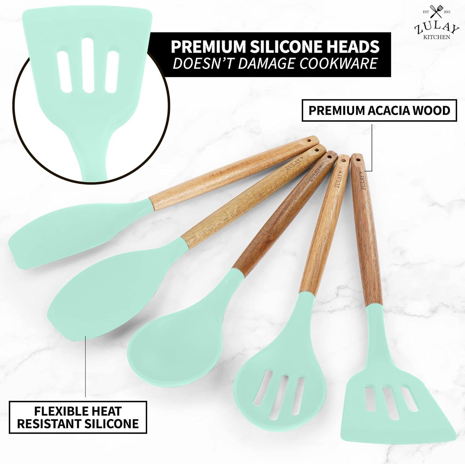 Aqua Silicone and Acacia Wood 5-Piece Cooking Utensil Set