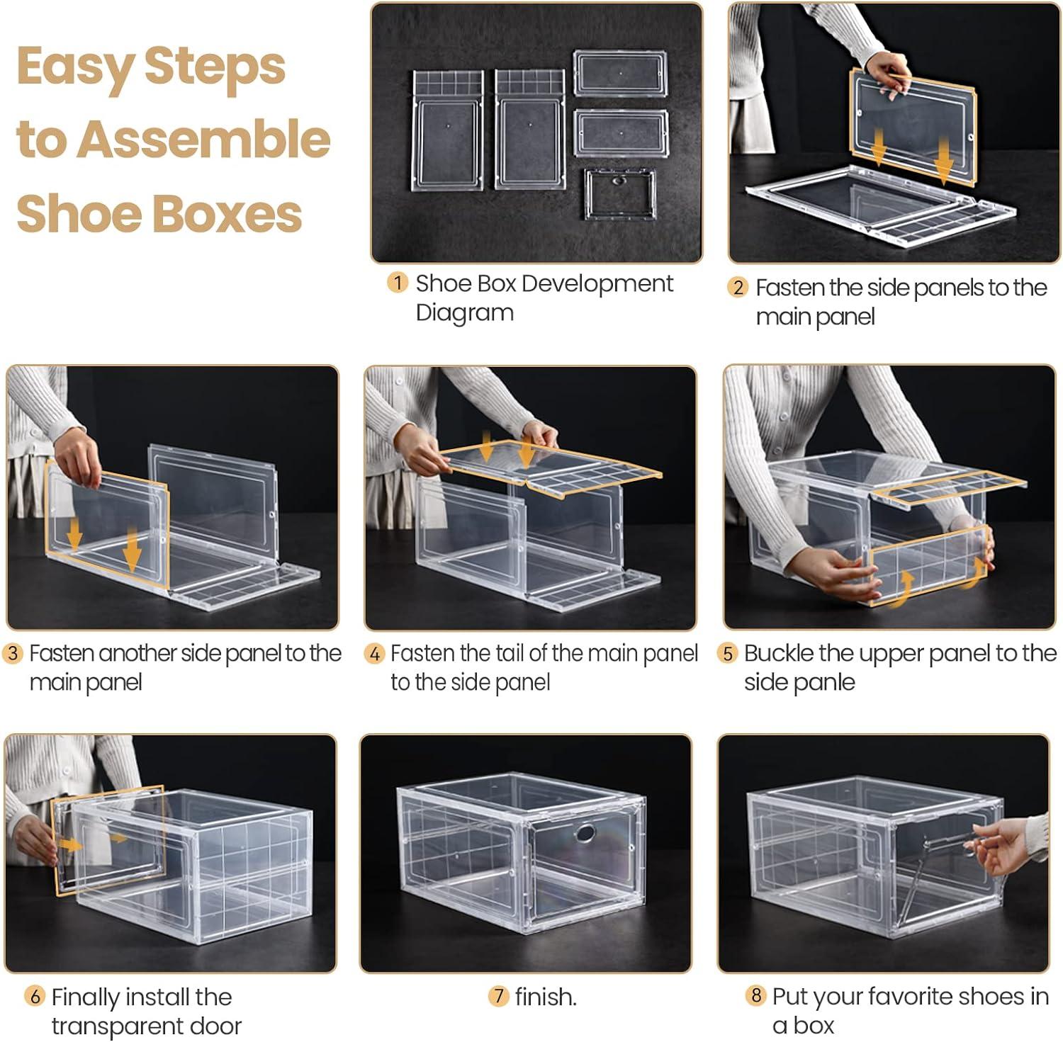 12 Pack Shoe Storage Boxes, Stackable Clear Boxes With Doors, Organizer Containers For Sneakers - Fit US Men's/Women's Size 12 (13.4"x 9.8"x 7.1")